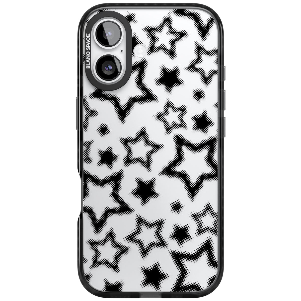 Black Halftone Stars (Clear) iPhone 16 / iPhone 16 Plus / iPhone 17 Impact Black Phone Case front