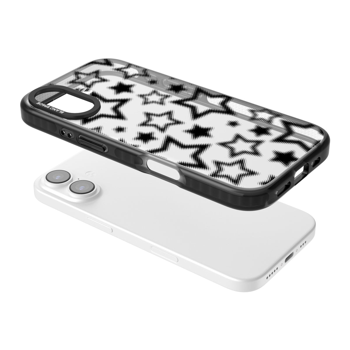 Black Halftone Stars (Clear) iPhone 16 / iPhone 16 Plus / iPhone 17 Impact Black Phone Case angled