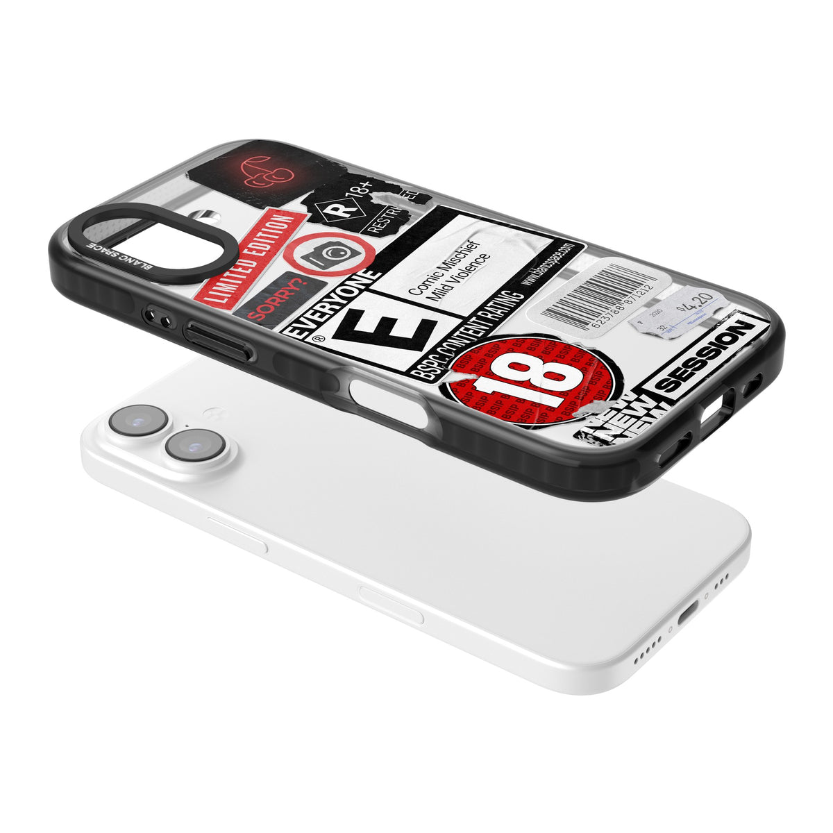 Parental Advisory iPhone 16 / iPhone 16 Plus / iPhone 17 Impact Black Phone Case angled
