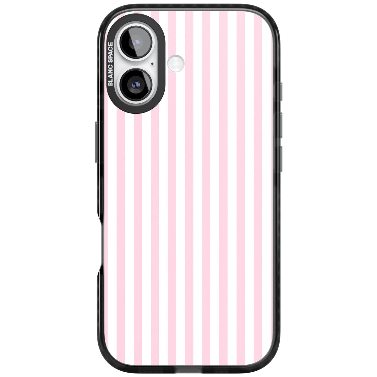 Pink Stripe preppy iPhone case featuring soft pastel pink and white vertical candy stripes iPhone 16 / iPhone 16 Plus / iPhone 17 Impact Black Phone Case front