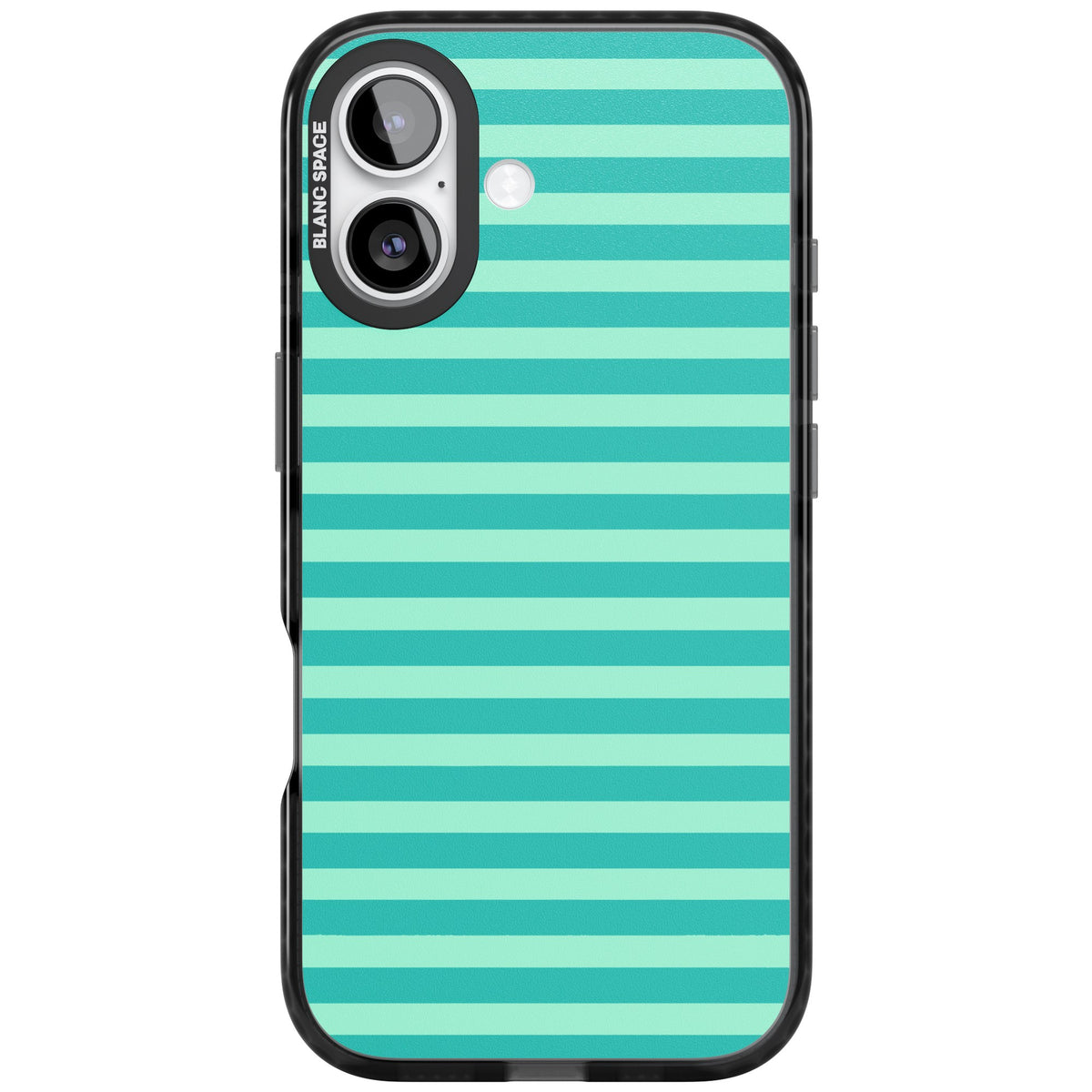 Turquoise Stripe preppy iPhone case featuring horizontal teal and mint green stripes on a black protective frame iPhone 16 / iPhone 16 Plus / iPhone 17 Impact Black Phone Case front
