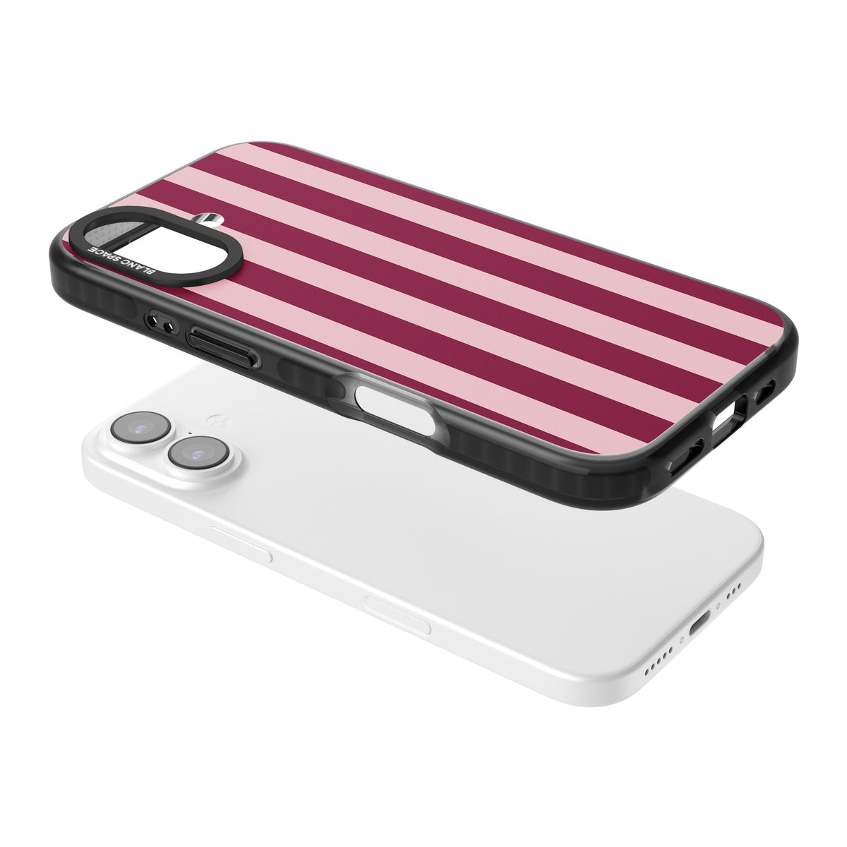 Bordeaux Belle preppy iPhone case featuring bold vertical stripes in burgundy and soft blush pink iPhone 16 / iPhone 16 Plus / iPhone 17 Impact Black Phone Case angled