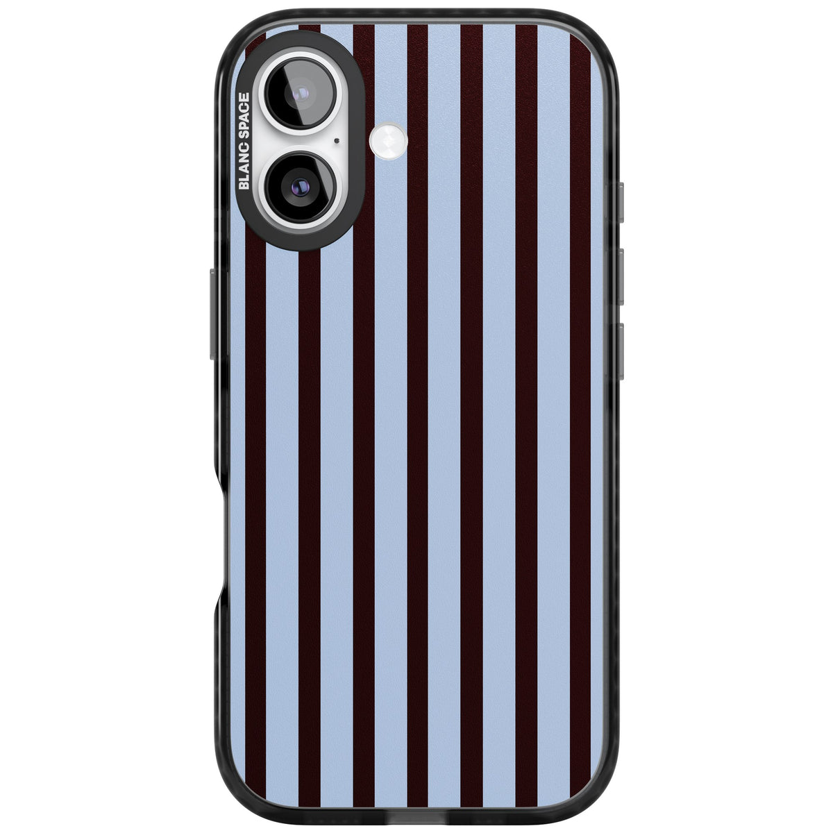 Blackcurrant Stripe preppy iPhone case featuring vertical burgundy and light blue stripes in a classic pinstripe layout iPhone 16 / iPhone 16 Plus / iPhone 17 Impact Black Phone Case front