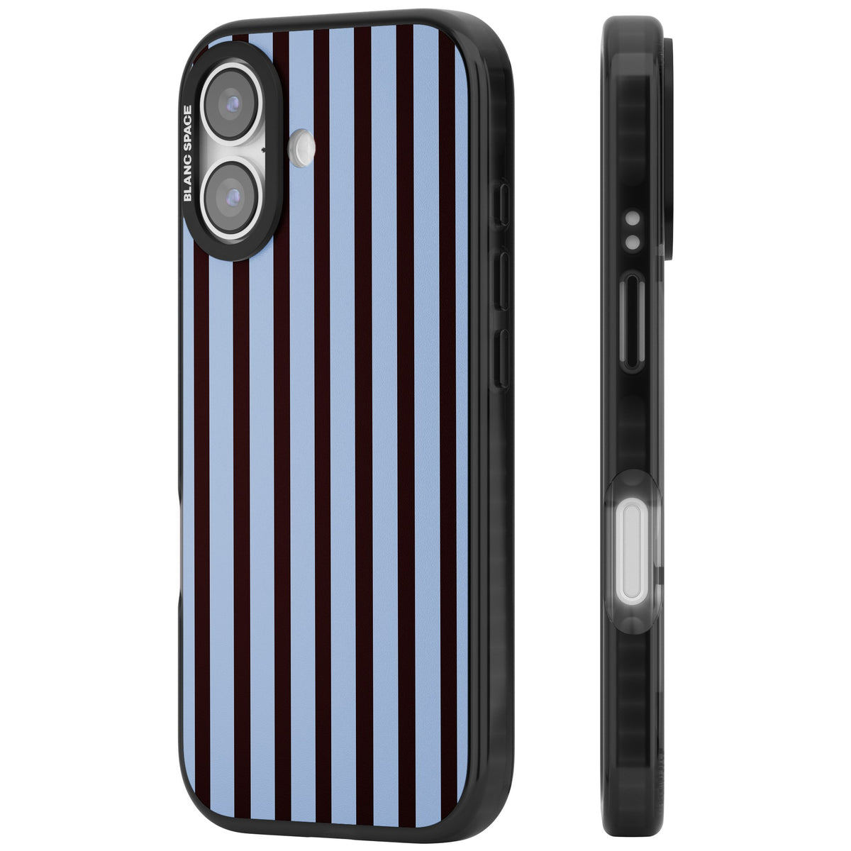 Blackcurrant Stripe preppy iPhone case featuring vertical burgundy and light blue stripes in a classic pinstripe layout iPhone 16 / iPhone 16 Plus / iPhone 17 Impact Black Phone Case side