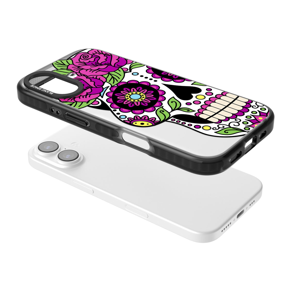 Purple Floral Sugar Skull iPhone 16 / iPhone 16 Plus / iPhone 17 Impact Black Phone Case angled