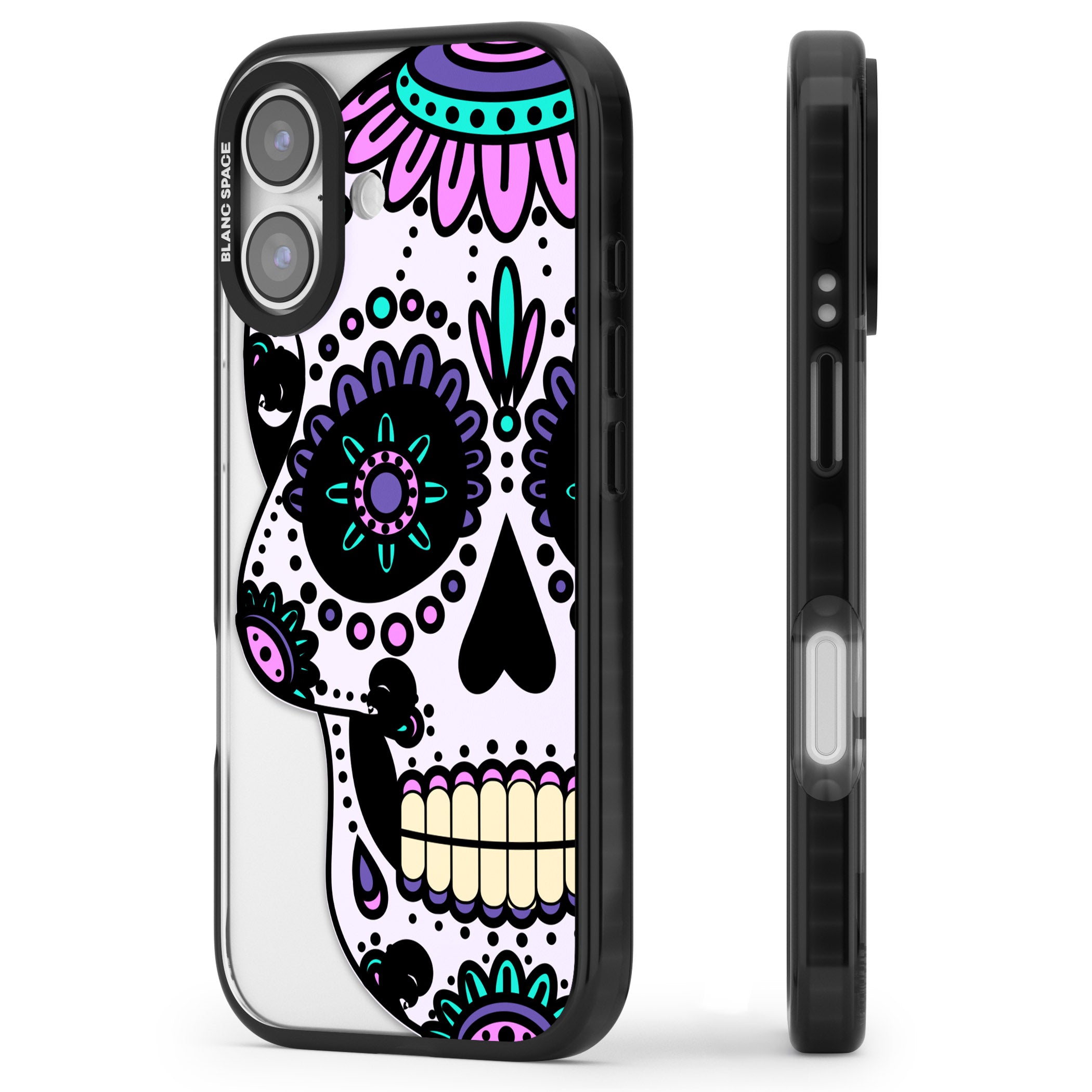 Violet Sugar Skull iPhone 17 Impact Black Phone Case Side Profile