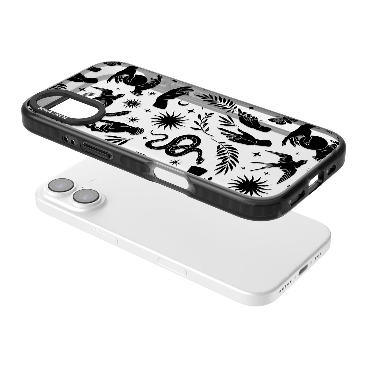 Mystic Magic (Black) iPhone 16 / iPhone 16 Plus / iPhone 17 Impact Black Phone Case angled