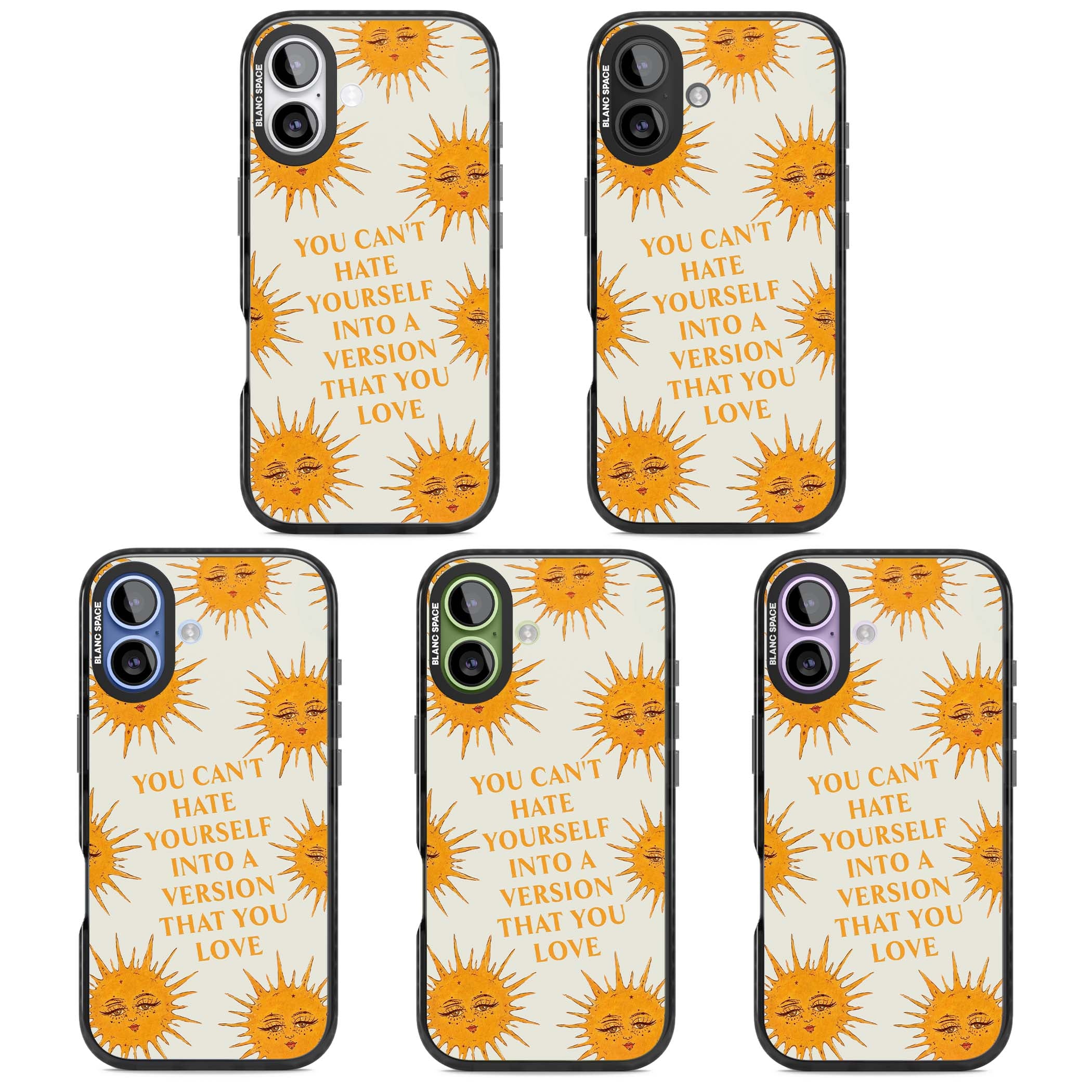 Don't Hate Yourself celestial iPhone case featuring vintage sun faces, ochre rays and a self-love quote | Clear Impact case for iPhone 17