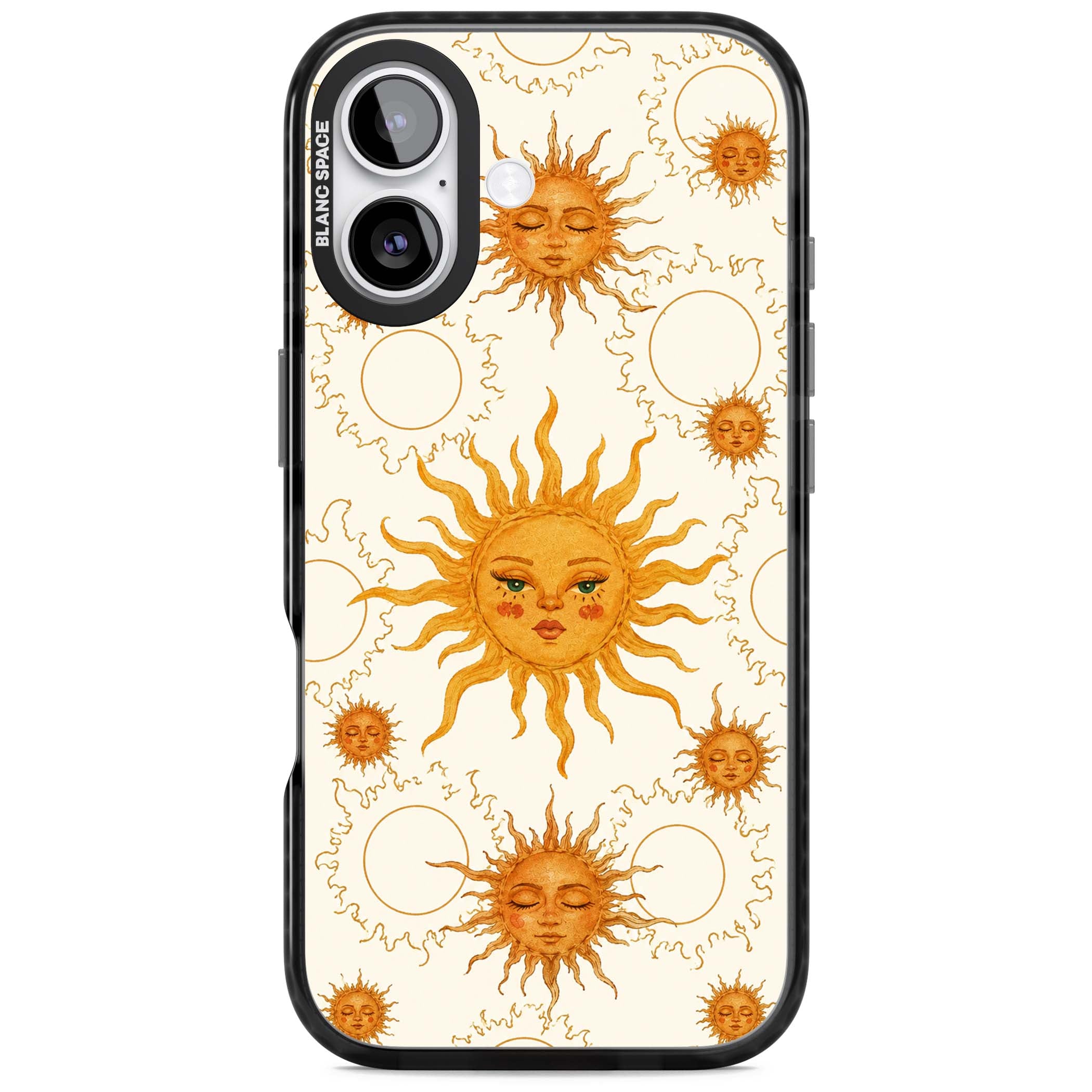 Solstice Muse celestial iPhone case featuring hand-painted golden sun faces, closed-eye sun goddesses and outlined moons... | Clear Impact case for iPhone 17