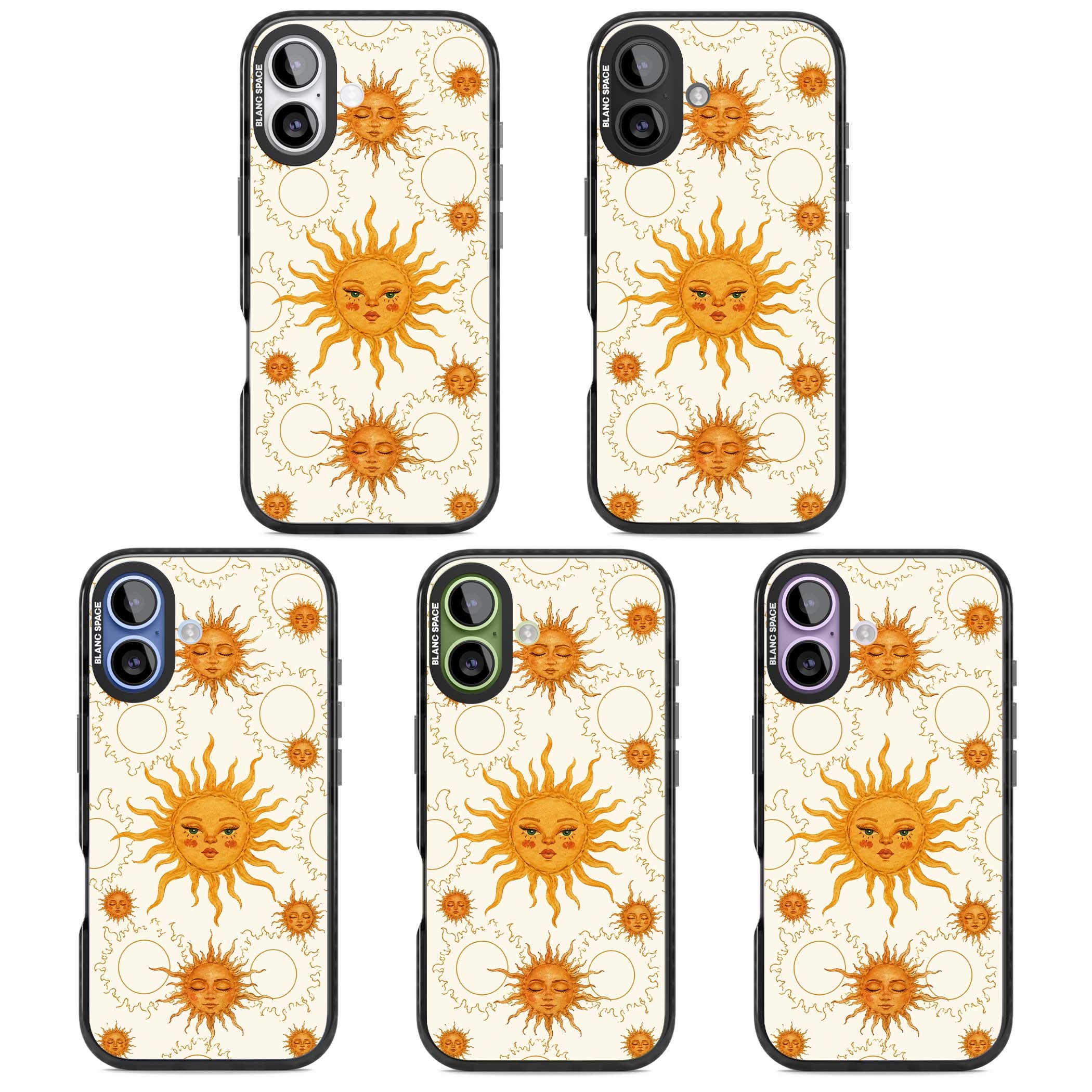Solstice Muse celestial iPhone case featuring hand-painted golden sun faces, closed-eye sun goddesses and outlined moons... | Clear Impact case for iPhone 17