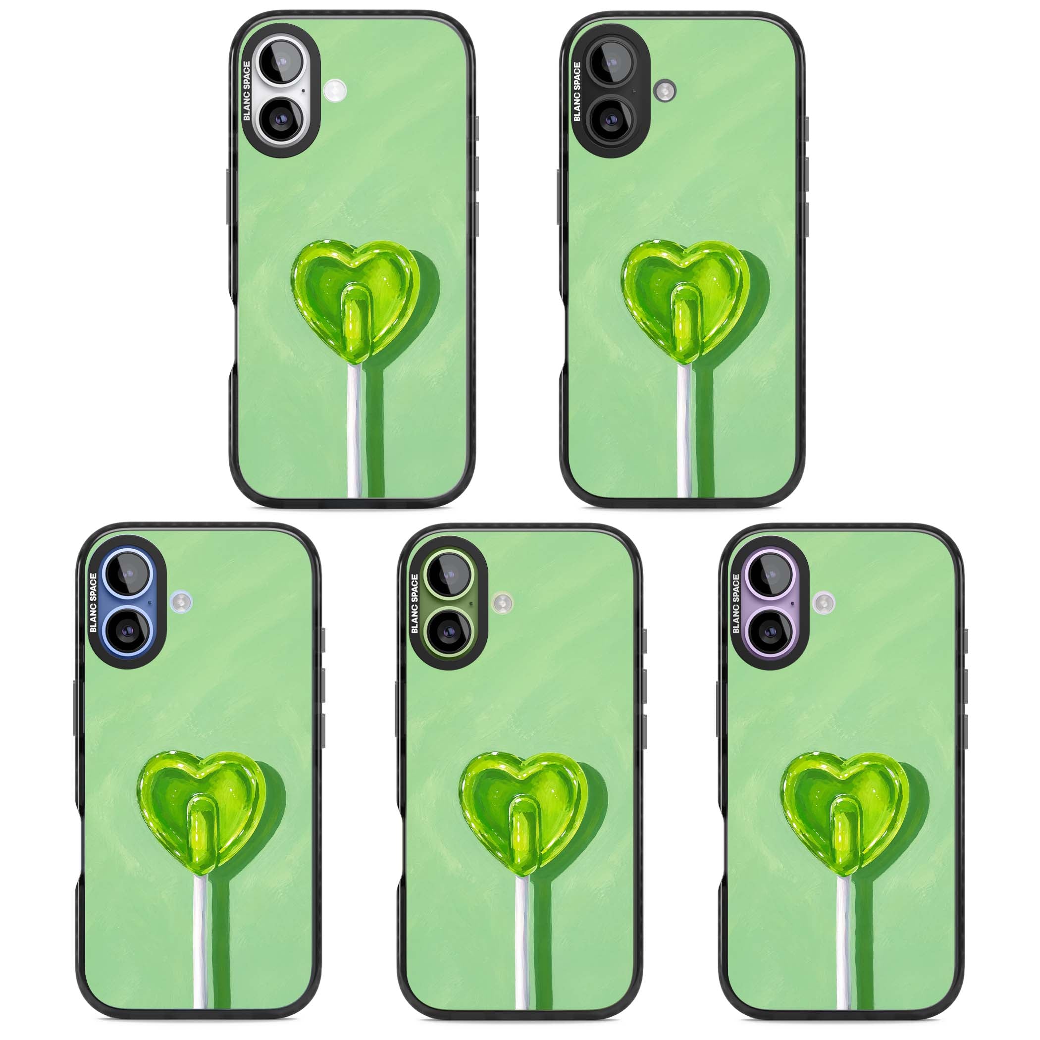 Green Lollipop candy art iPhone case featuring a glossy green heart-shaped lollipop on a painted pastel green background | Clear Impact case for iPhone 17