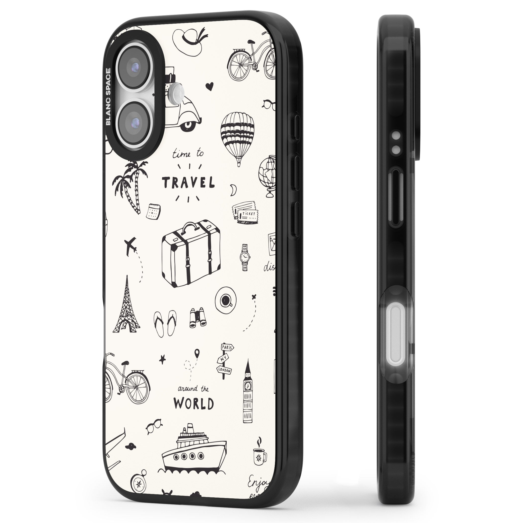 Cute Travel Pattern, White On iPhone 17 Impact Black Phone Case Side Profile