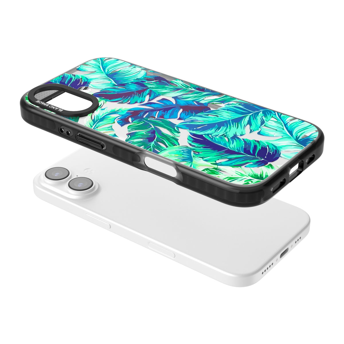 Aqua Tropic iPhone 16 / iPhone 16 Plus / iPhone 17 Impact Black Phone Case angled
