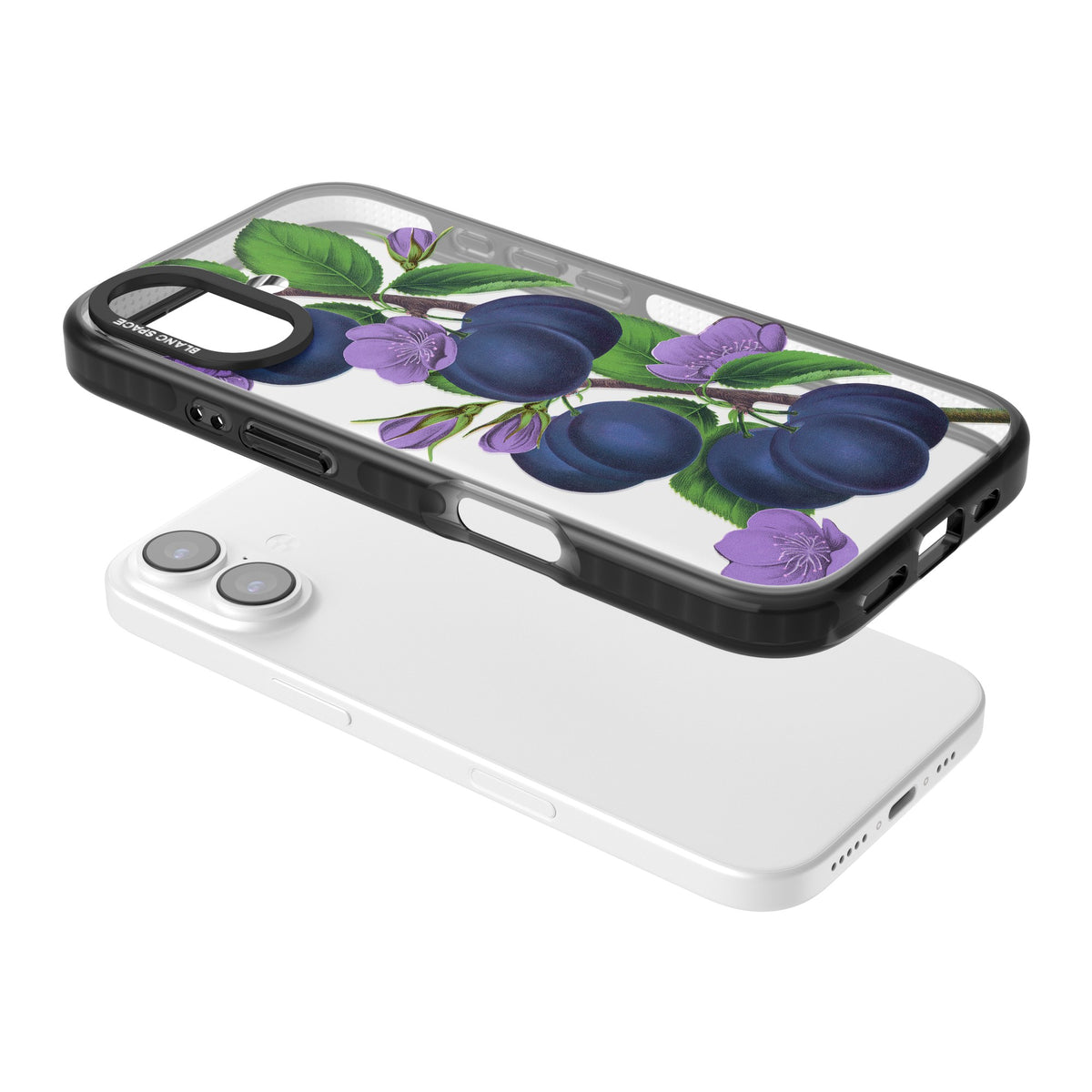 Vintage Painted Plums iPhone 16 / iPhone 16 Plus / iPhone 17 Impact Black Phone Case angled