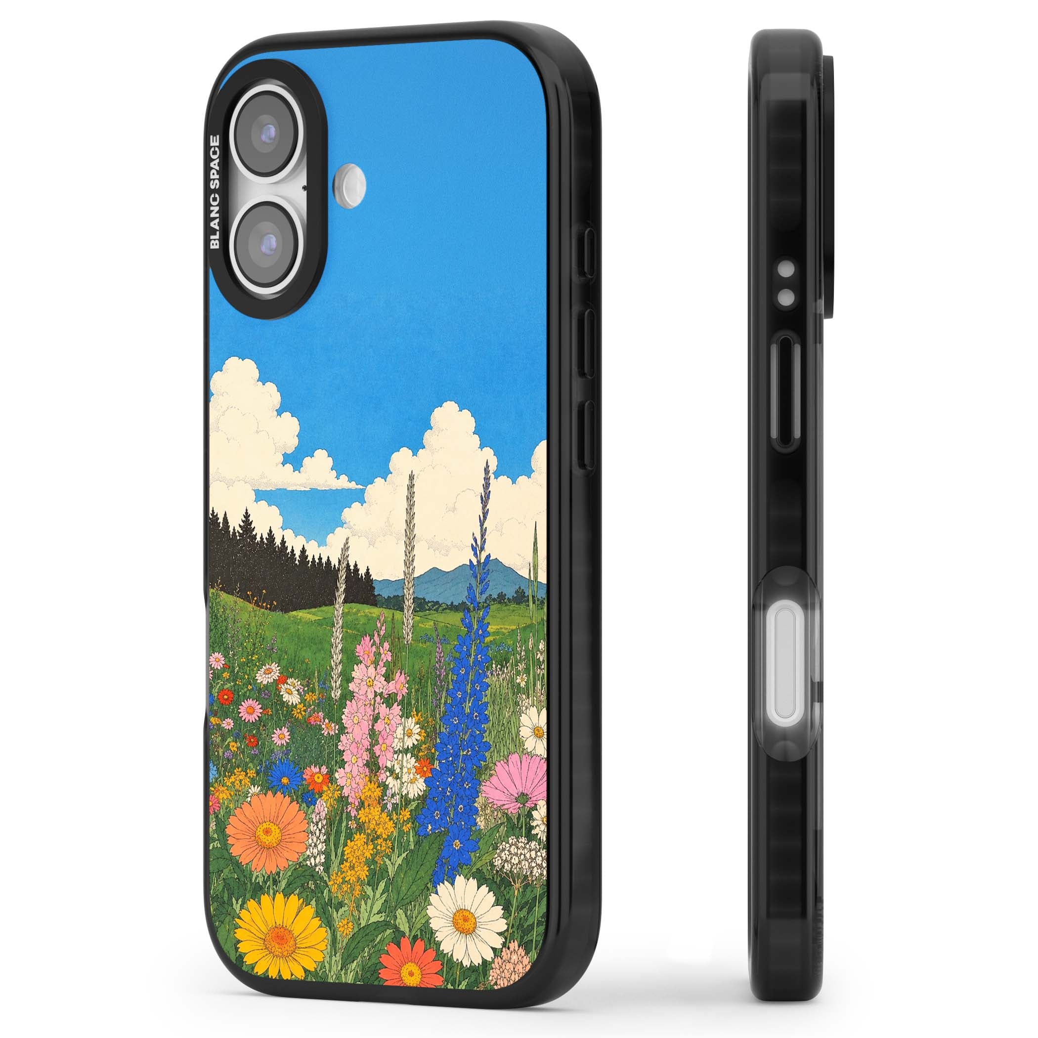 Wildbloom wildflower iPhone case featuring a vintage Japanese-style meadow landscape with daisies, delphiniums and moun | Clear Impact case for iPhone 17