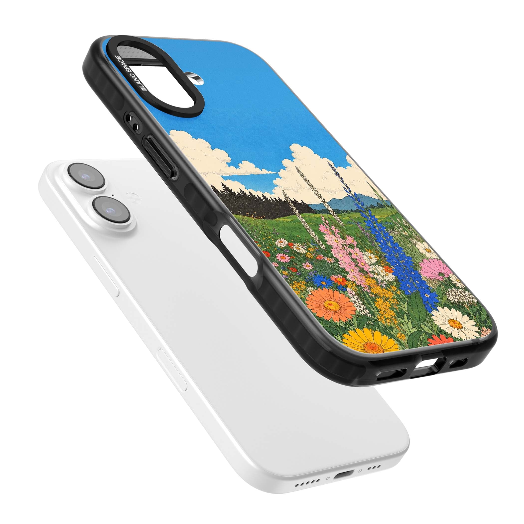 Wildbloom wildflower iPhone case featuring a vintage Japanese-style meadow landscape with daisies, delphiniums and moun | Clear Impact case for iPhone 17