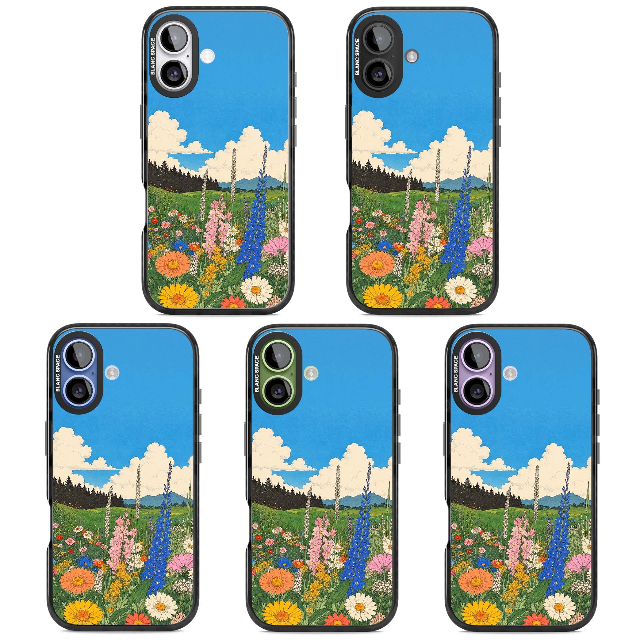 Wildbloom wildflower iPhone case featuring a vintage Japanese-style meadow landscape with daisies, delphiniums and moun | Clear Impact case for iPhone 17