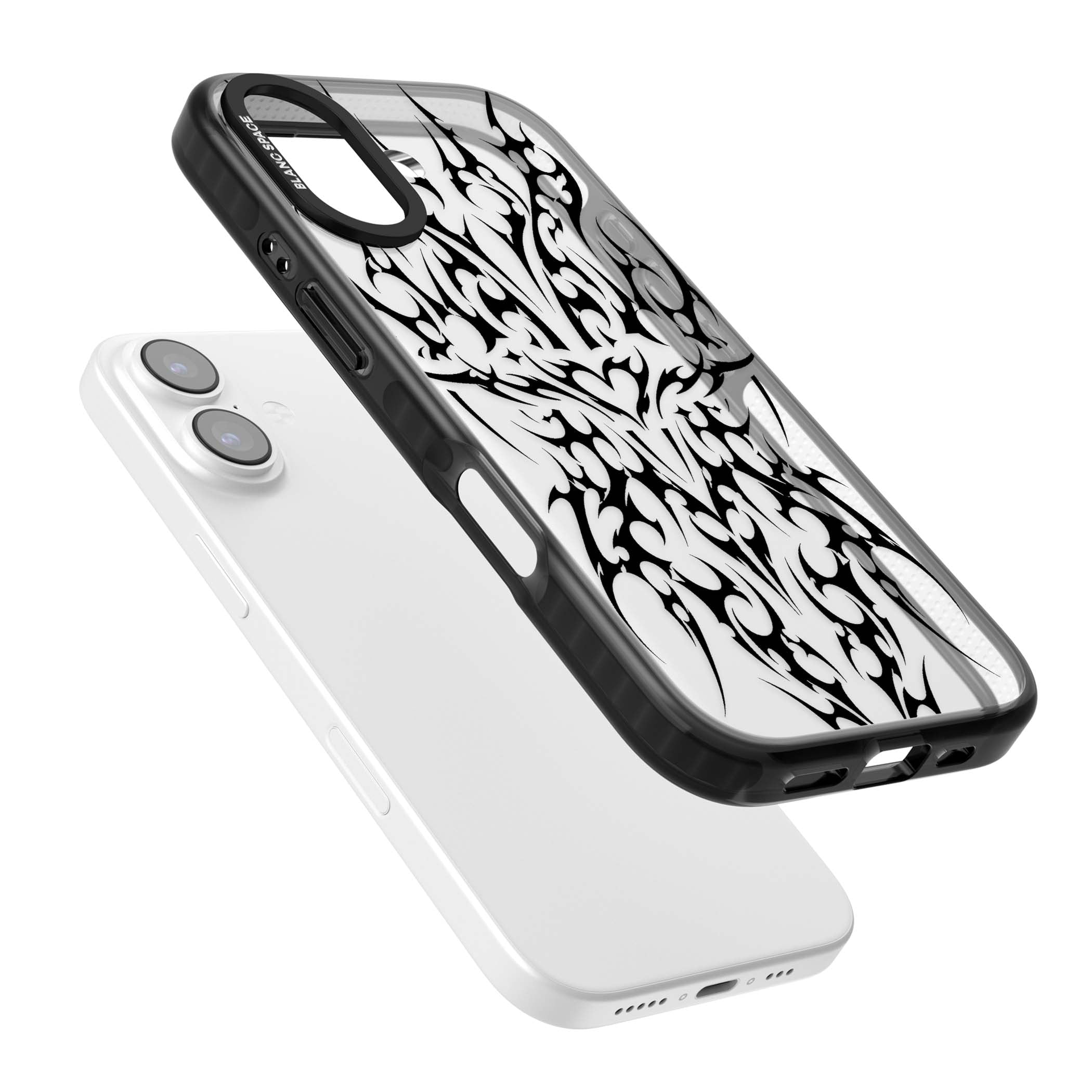 Neo Tribal Heart gothic iPhone case featuring symmetrical black tribal tattoo art with sharp thorn-like linework | Clear Impact case for iPhone 17
