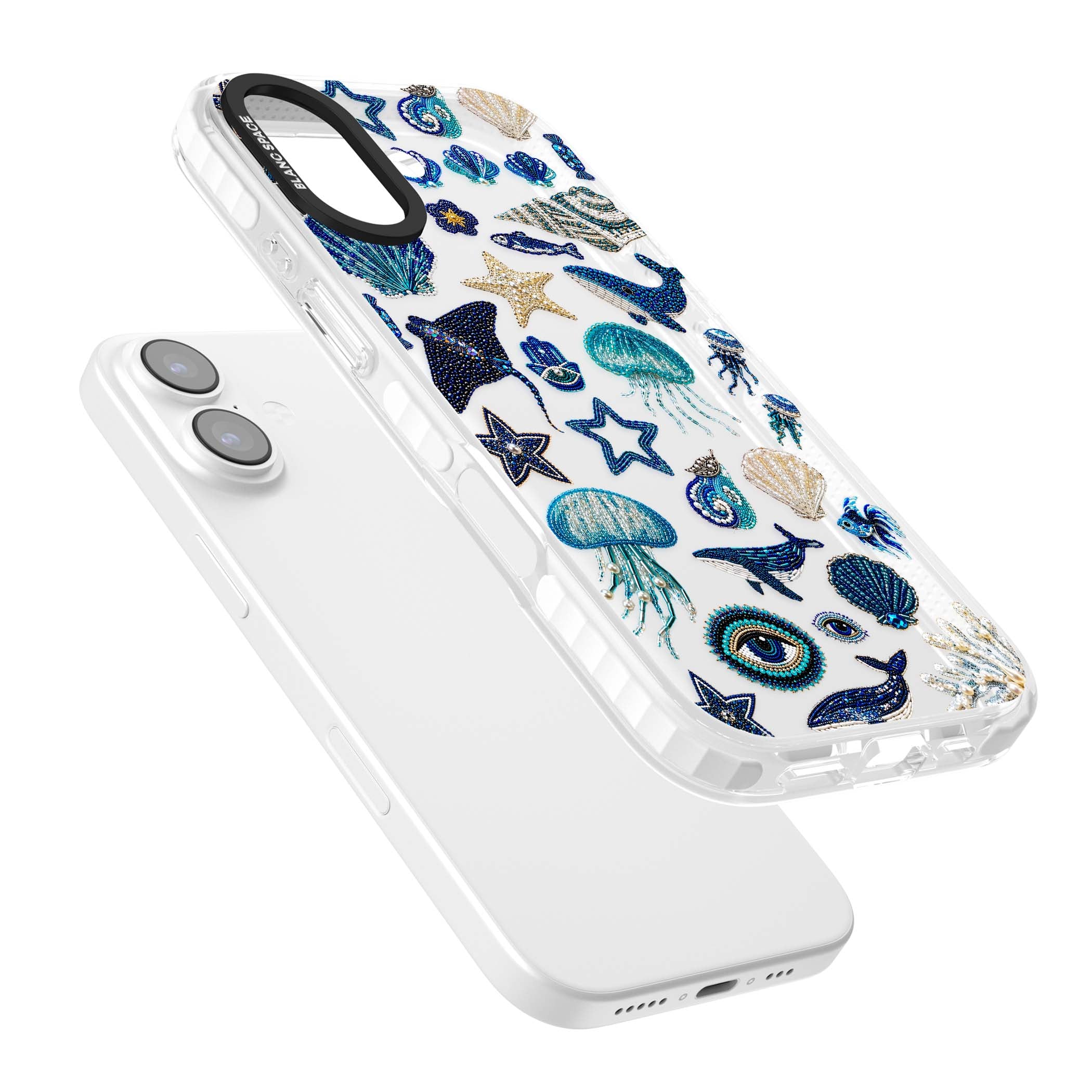 Beaded Coastal coastal iPhone case featuring embroidered seashells, jellyfish and a blue whale on clear | Black Impact case for iPhone 17