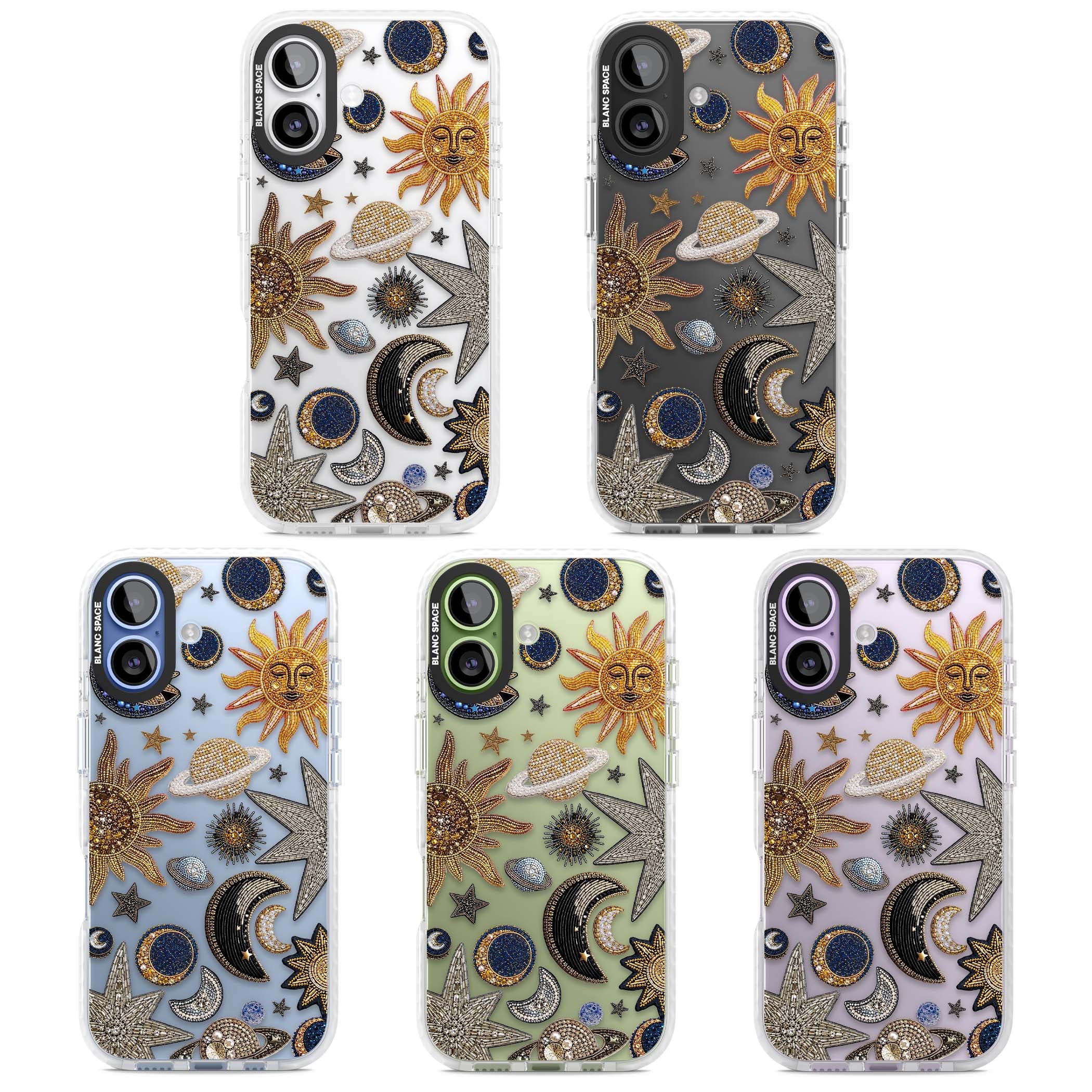 Beaded Cosmos celestial iPhone case featuring embroidered golden suns, beaded planets and silver shooting stars | Black Impact case for iPhone 17