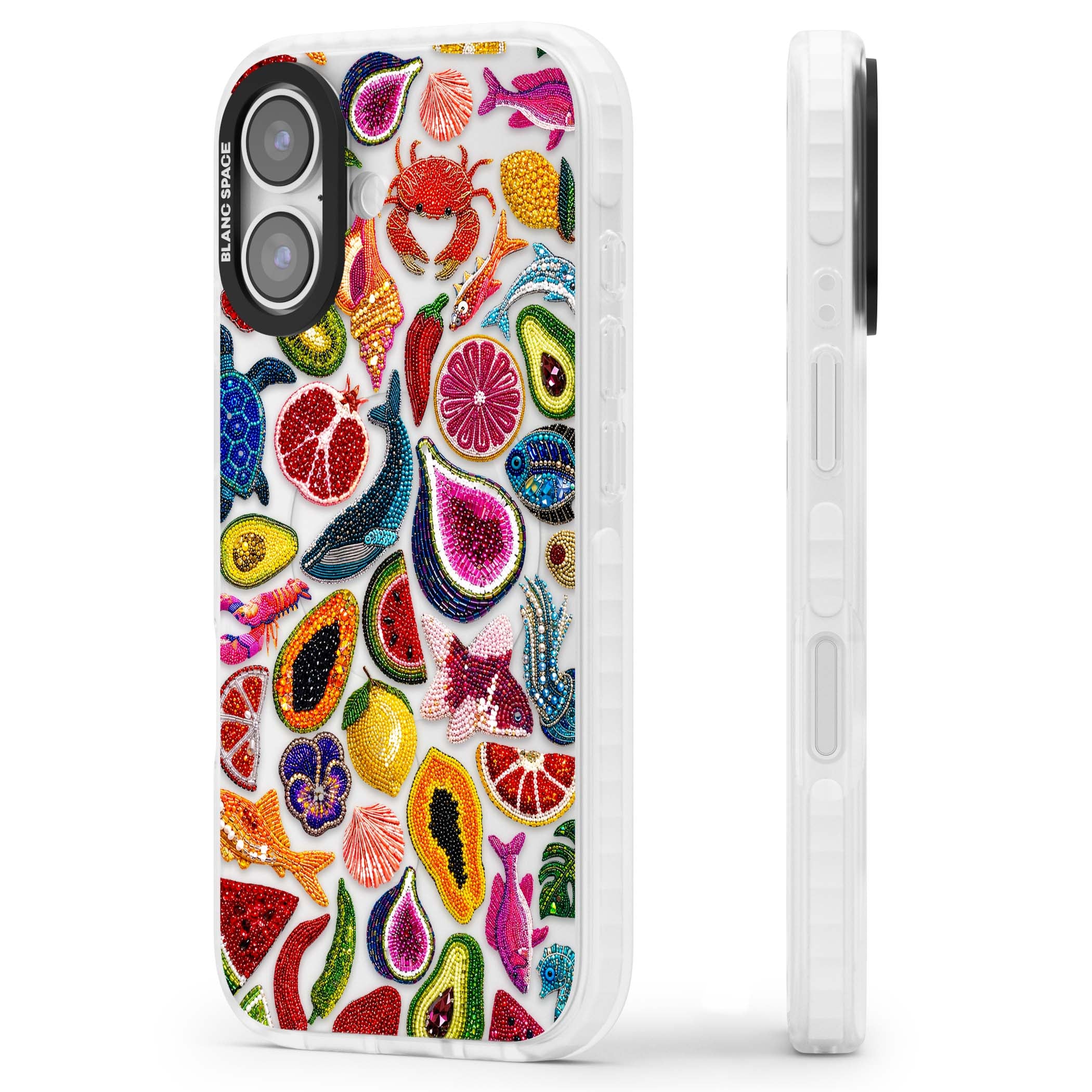Beaded Tropic tropical iPhone case featuring beaded fruit, fish, crabs and seashells in vibrant colour | Black Impact case for iPhone 17