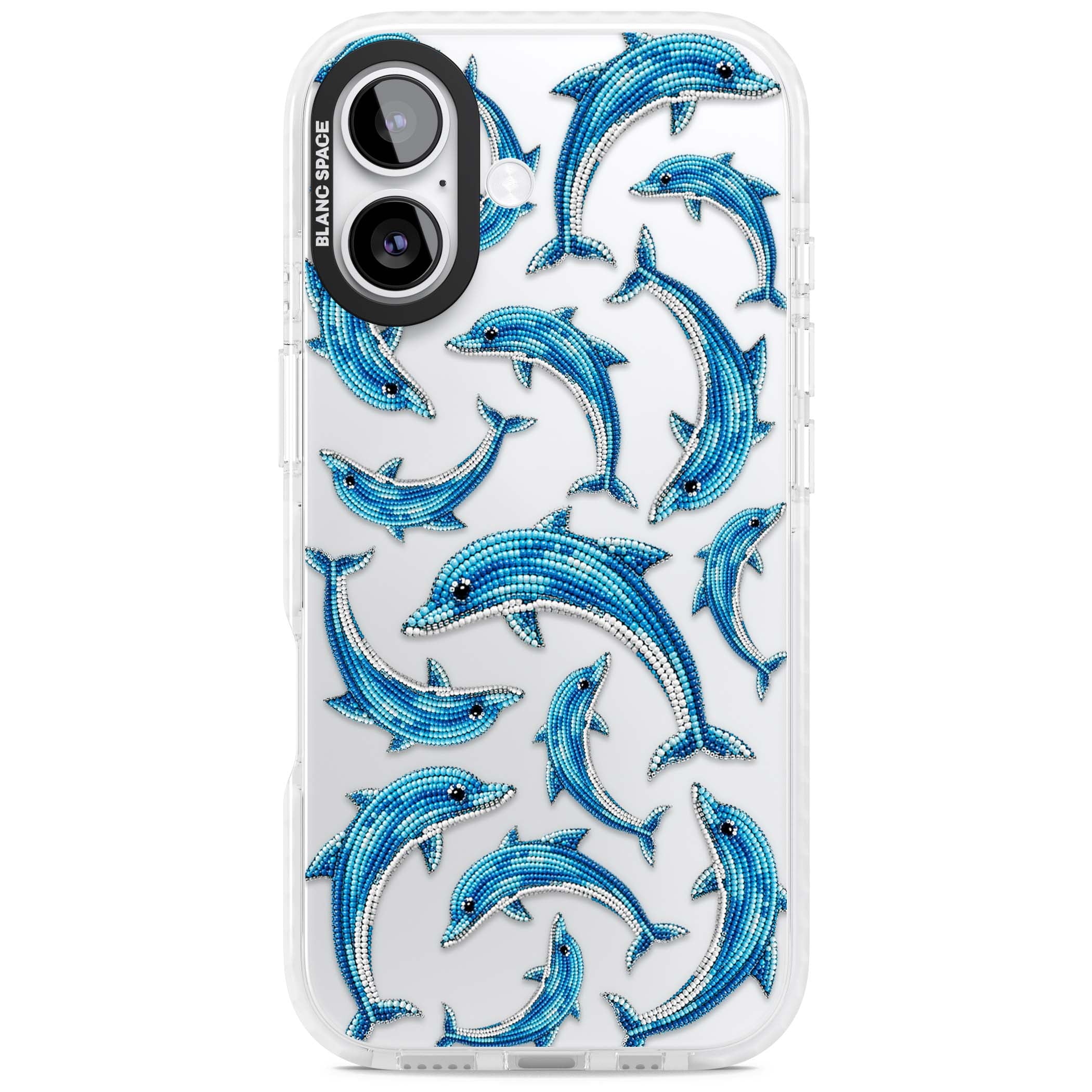 Beaded Dolphins coastal iPhone case featuring beaded dolphins in blue and white swimming across a clear background | Black Impact case for iPhone 17
