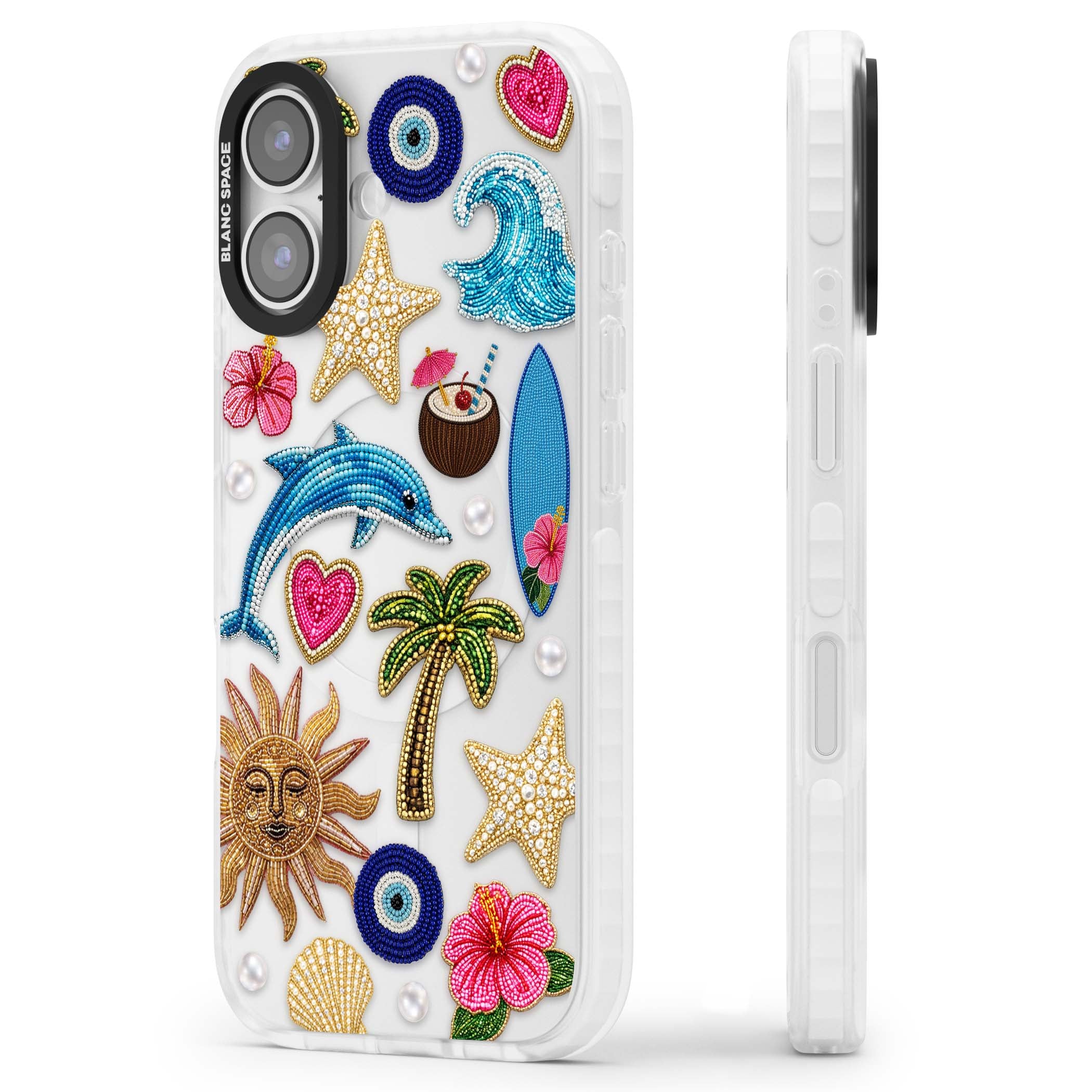 Beaded Beach coastal summer iPhone case featuring embroidered evil eye, hibiscus flowers, dolphin and palm tree patches | Black Impact case for iPhone 17