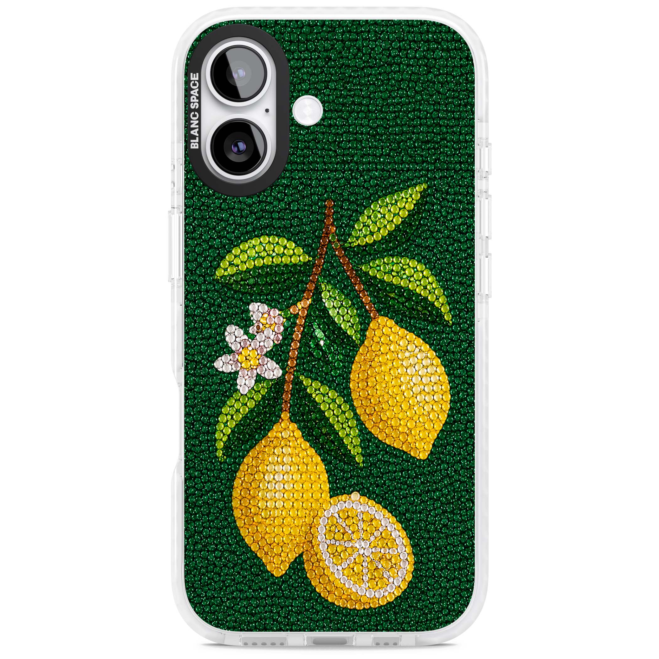 Beaded Lemons coastal iPhone case featuring crystal-beaded lemons, citrus blossom and green leaves on emerald ground | Black Impact case for iPhone 17