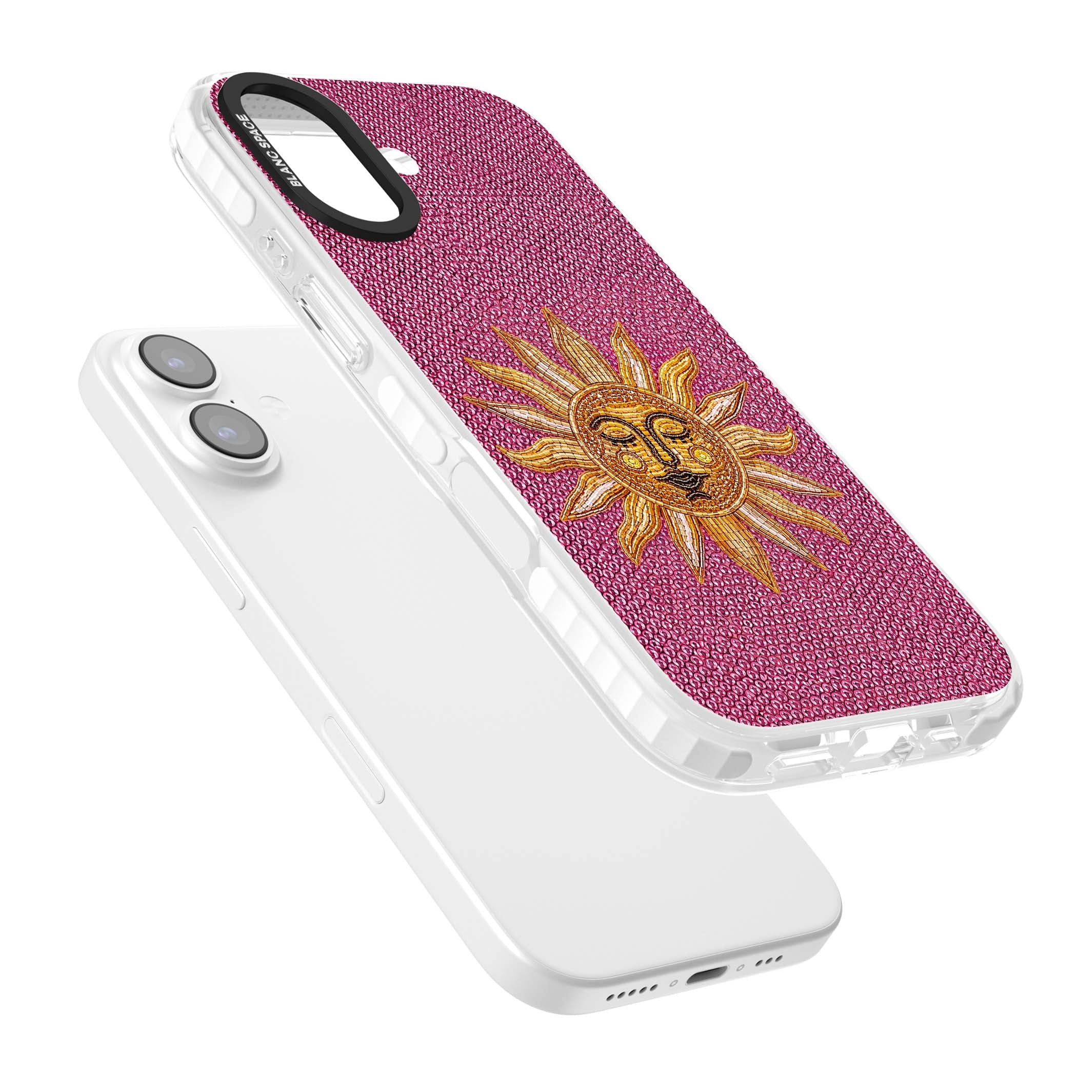 Beaded Sun celestial iPhone case featuring a golden beaded sun face with radiant rays on hot pink beaded background | Black Impact case for iPhone 17