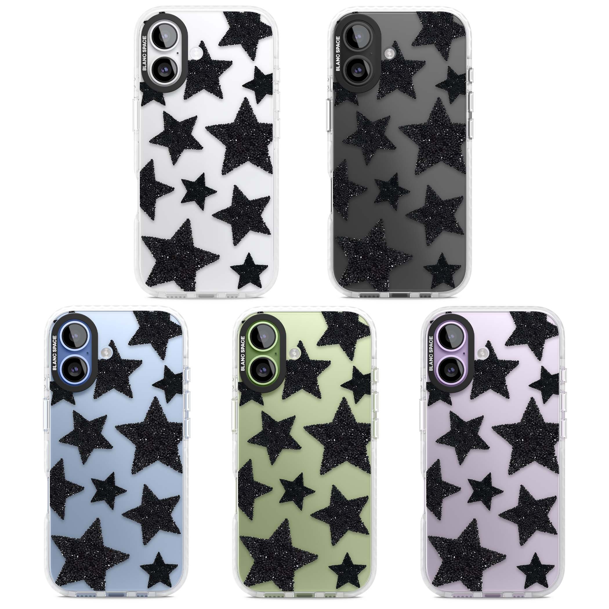 Beaded Black Stars celestial iPhone case featuring black glitter beaded stars scattered on a clear background | Black Impact case for iPhone 17