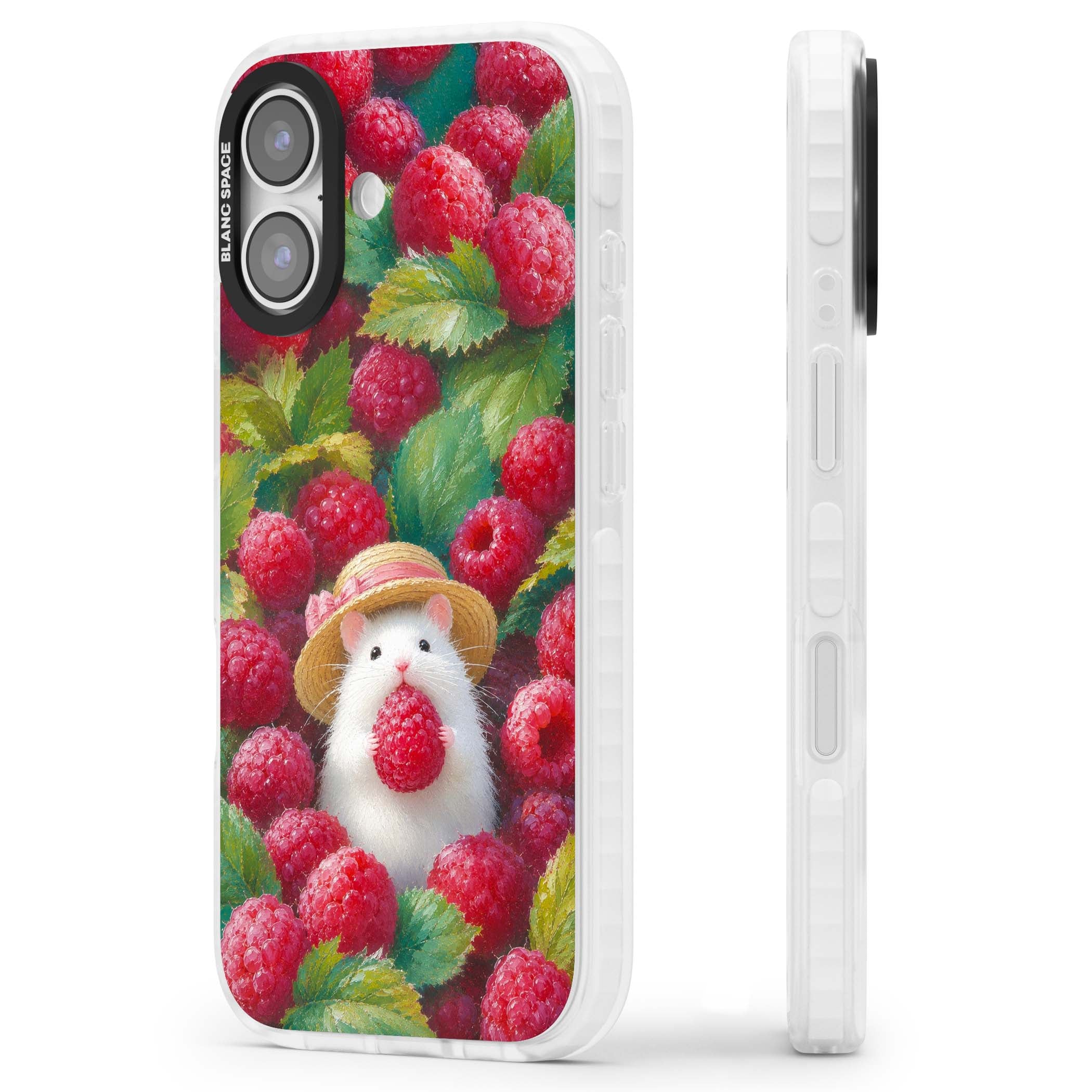 Berry Forager cottagecore iPhone case featuring a white hamster in a straw hat holding a raspberry surrounded by ripe ber | Black Impact case for iPhone 17