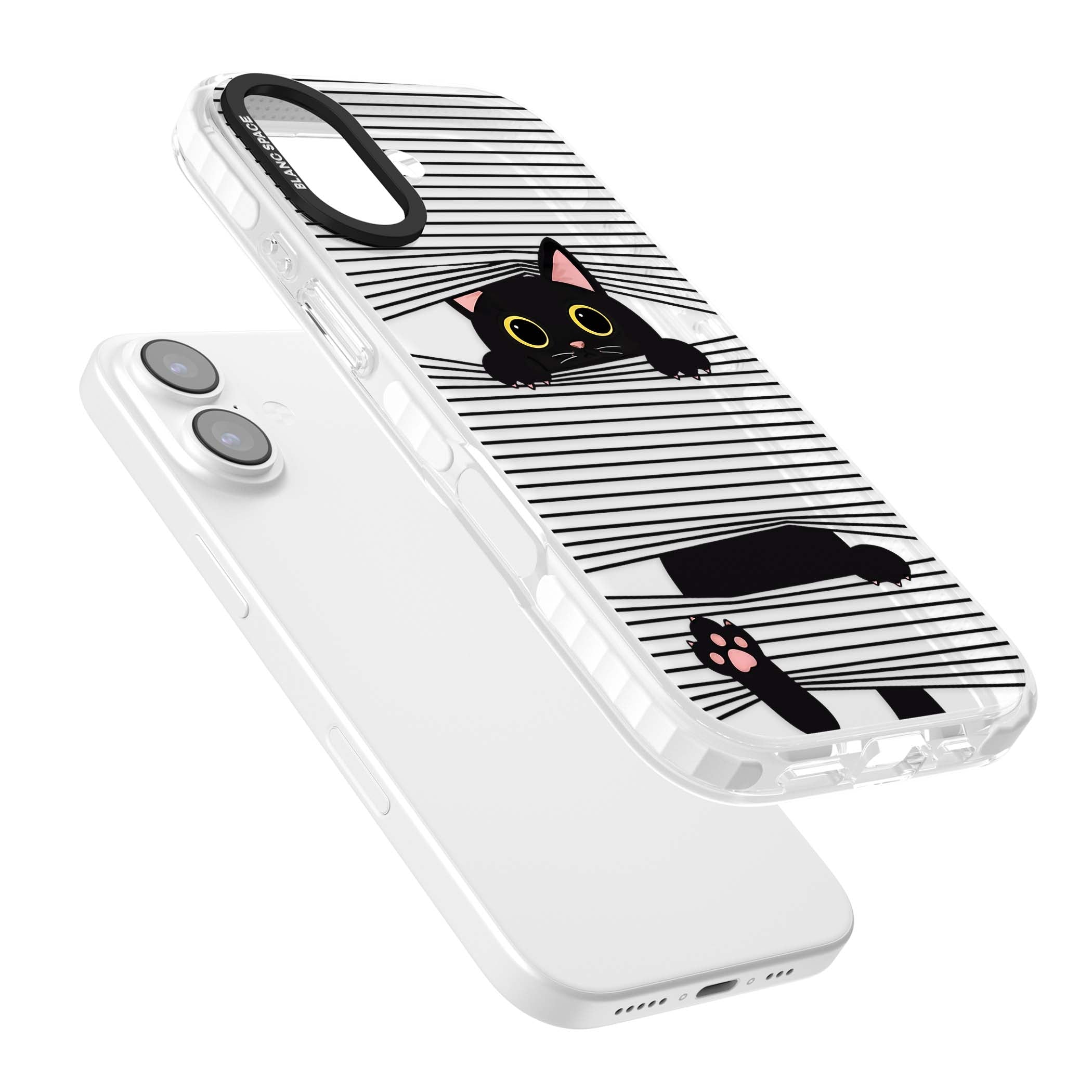 Peek-a-Boo Cat minimal iPhone case featuring black cat peeking through horizontal black and white stripes | Black Impact case for iPhone 17