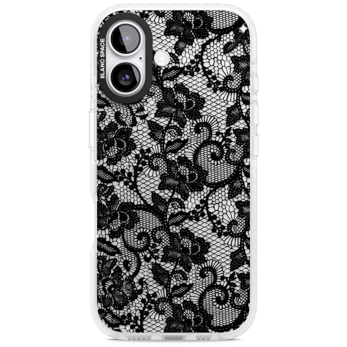 Black Lace gothic iPhone case featuring intricate black floral lace pattern with vintage whimsigoth detail | Black Impact case for iPhone 17