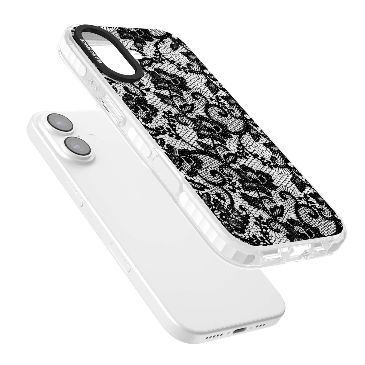 Black Lace gothic iPhone case featuring intricate black floral lace pattern with vintage whimsigoth detail | Black Impact case for iPhone 17
