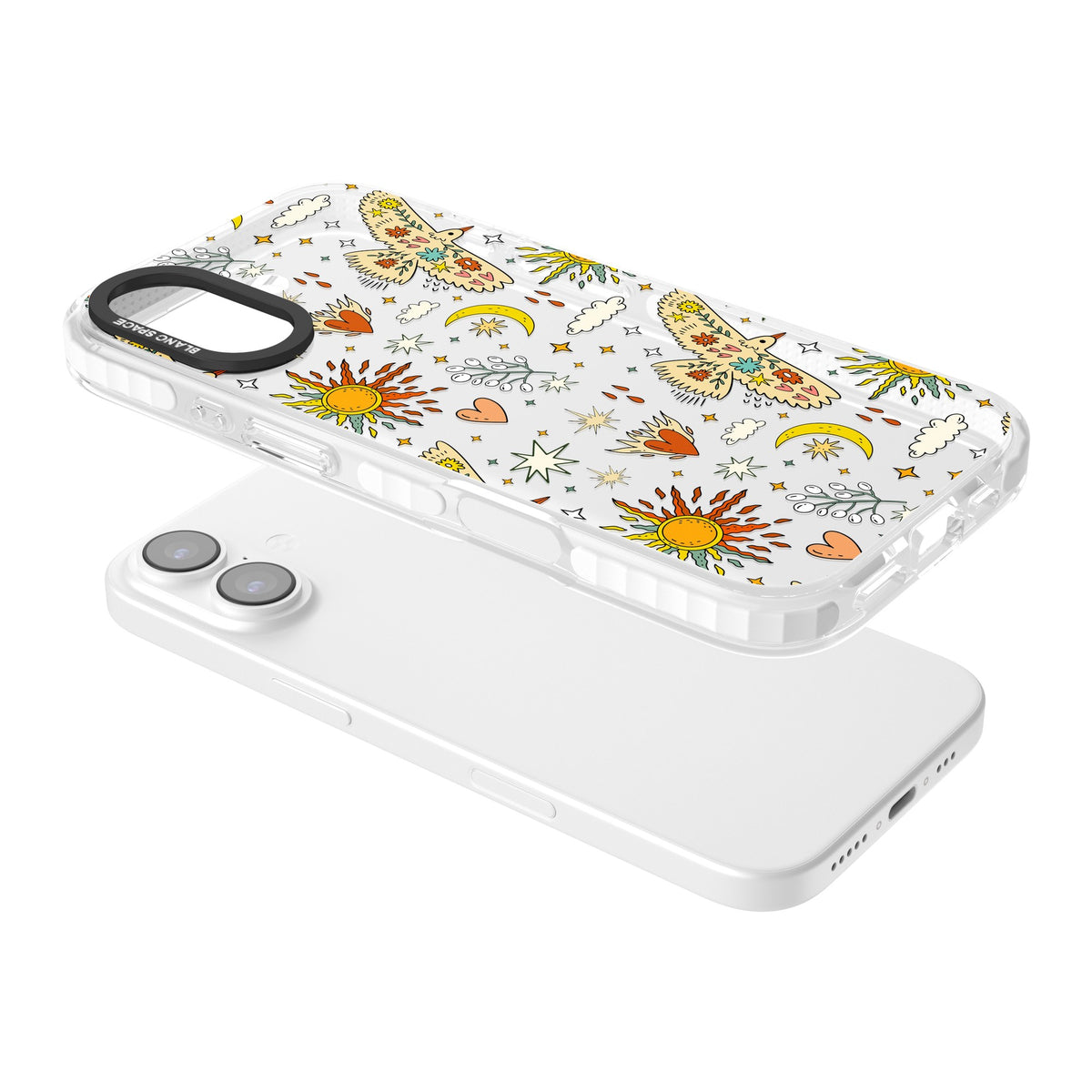 Boho Mystic Birds iPhone 16 / iPhone 16 Plus / iPhone 17 Impact Clear Phone Case angled