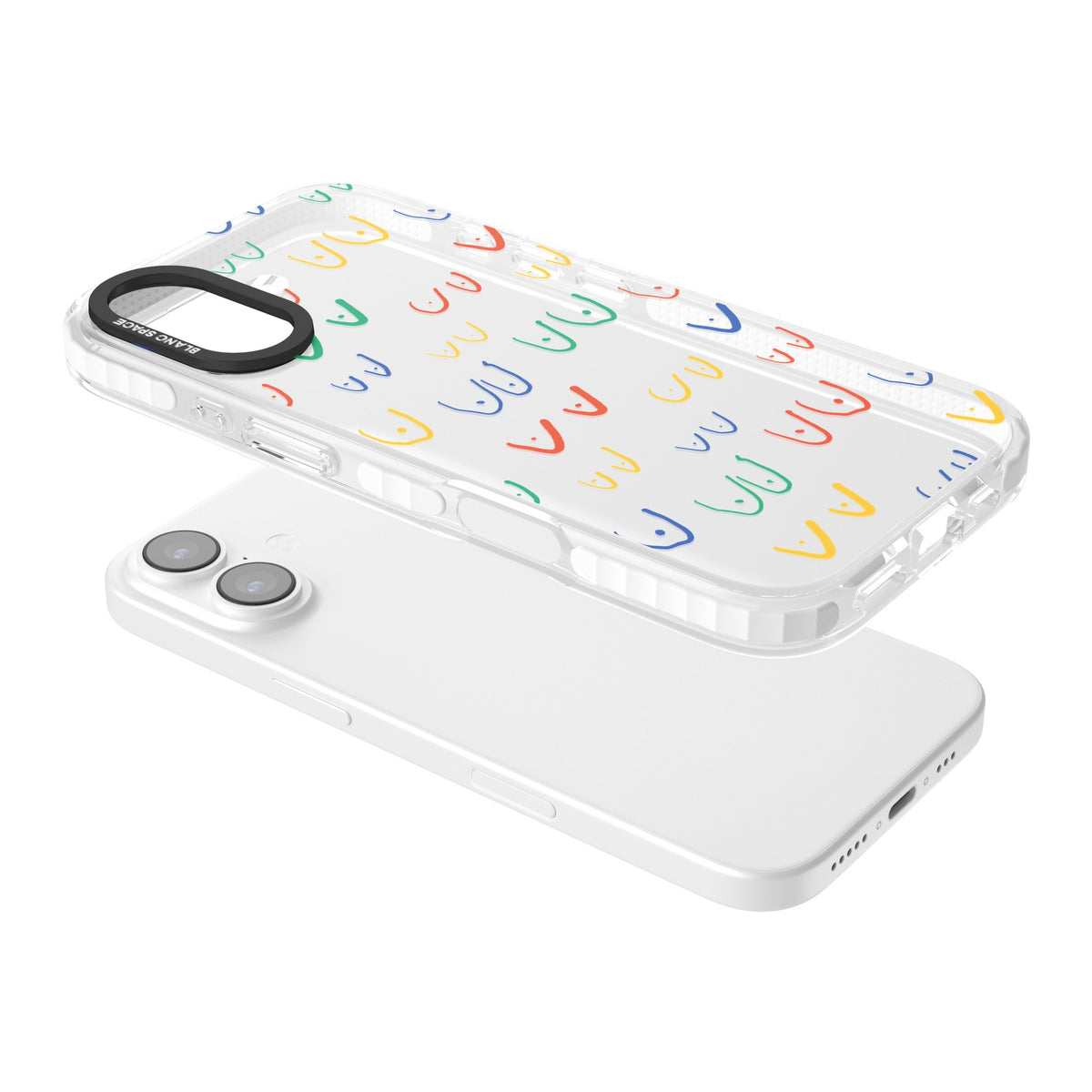 Boob Pattern (Multicolour) iPhone 16 / iPhone 16 Plus / iPhone 17 Impact Clear Phone Case angled