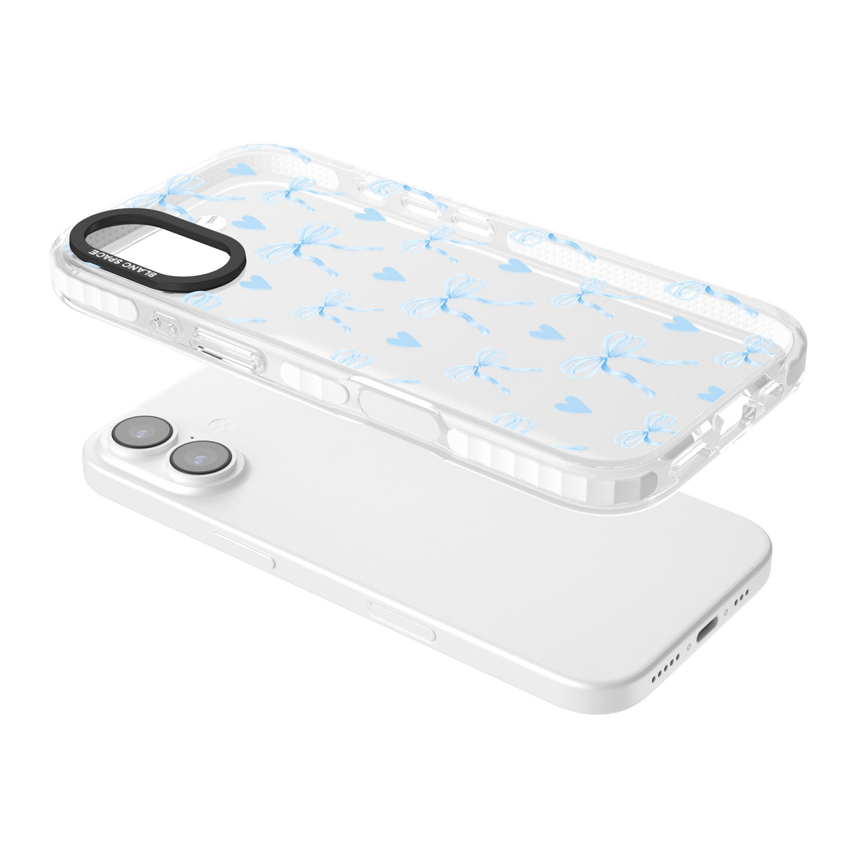 Blue Bows & Hearts iPhone 16 / iPhone 16 Plus / iPhone 17 Impact Clear Phone Case angled