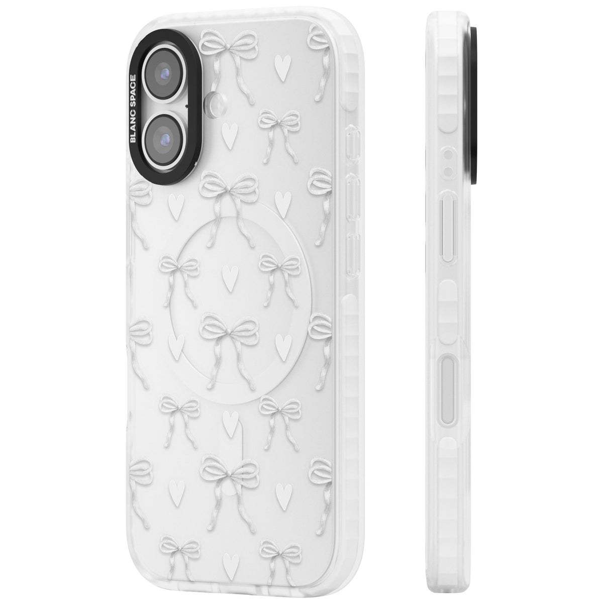 White Bows & Hearts iPhone 16 / iPhone 16 Plus / iPhone 17 Impact Clear Phone Case side