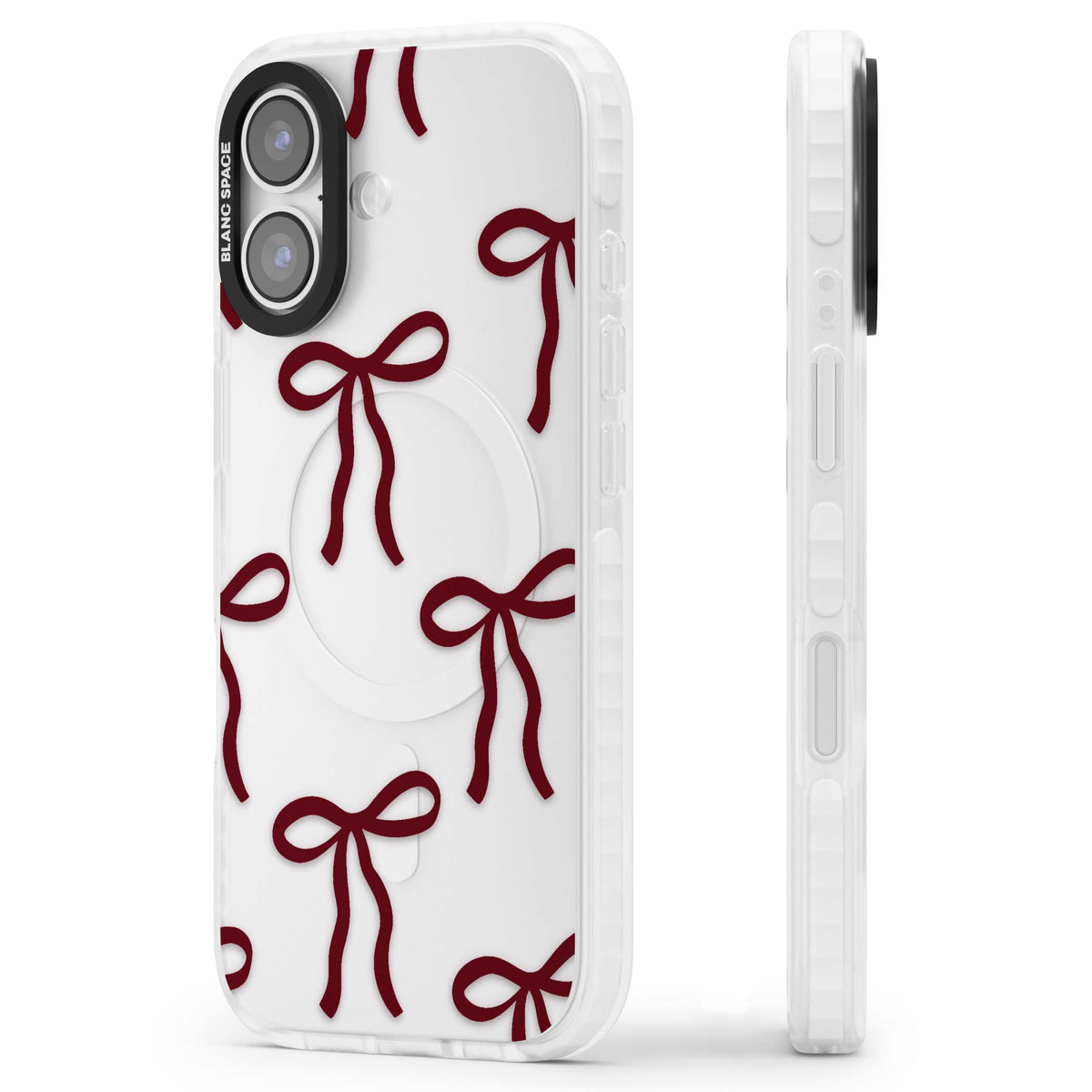 Burgundy Bows coquette iPhone case featuring hand-drawn burgundy red bows on a clear background | Black Impact case for iPhone 17