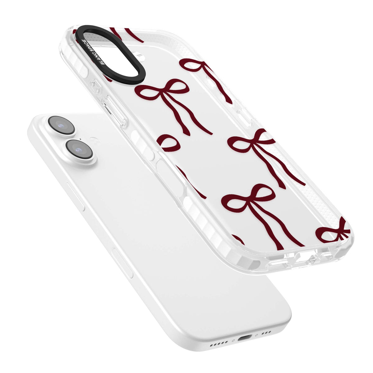 Burgundy Bows coquette iPhone case featuring hand-drawn burgundy red bows on a clear background | Black Impact case for iPhone 17