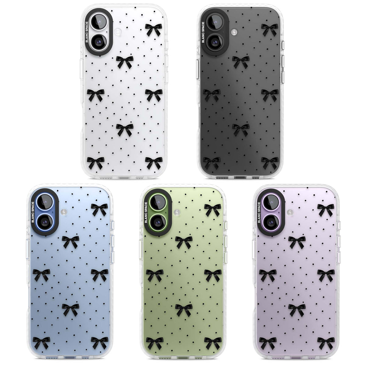 Black Polka Bows coquette iPhone case featuring scattered black satin bows and tiny polka dots on a clear base | Black Impact case for iPhone 17