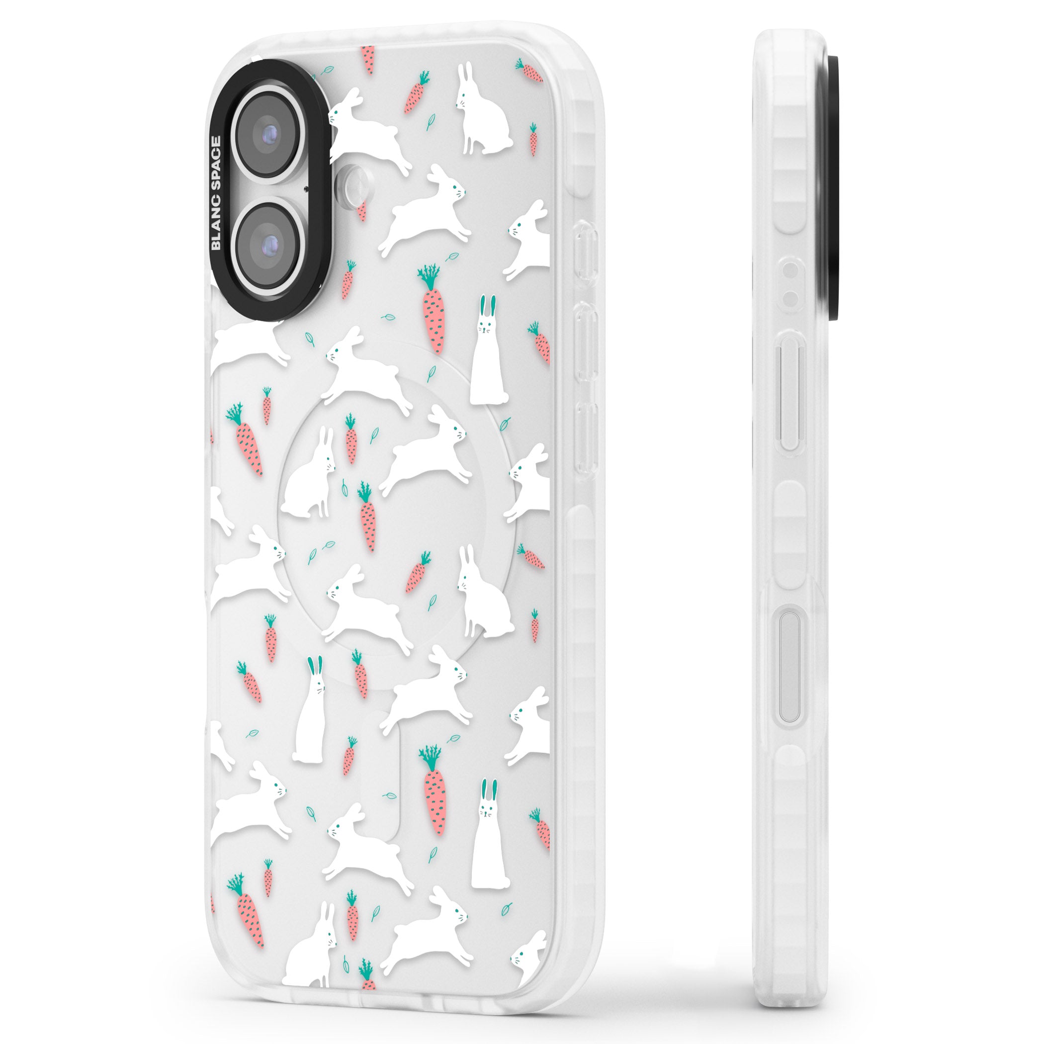 White Bunnies And Carrots iPhone 17 Impact Clear Phone Case Side Profile