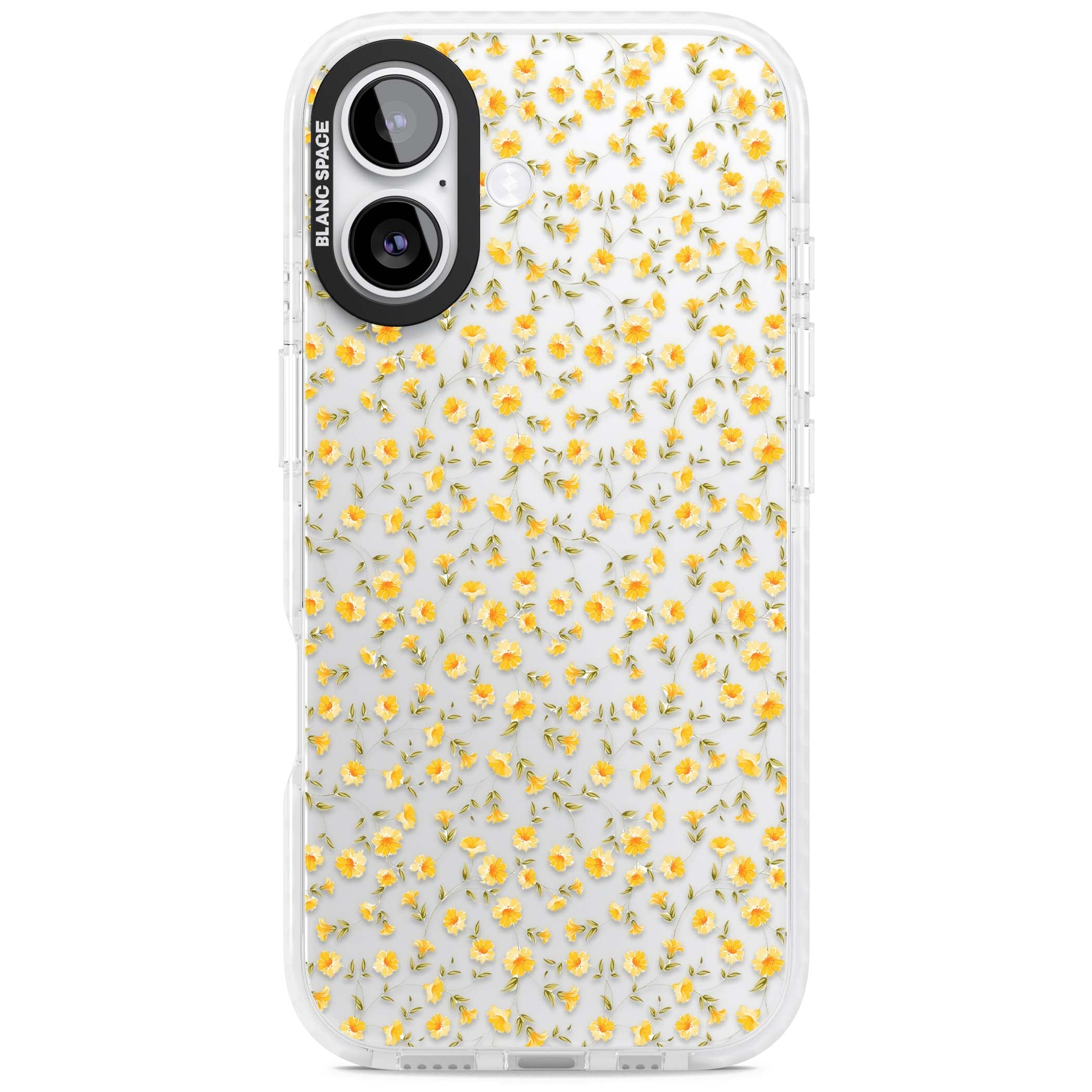 Buttercup wildflower iPhone case featuring tiny yellow flowers and trailing green vines on clear | Black Impact case for iPhone 17