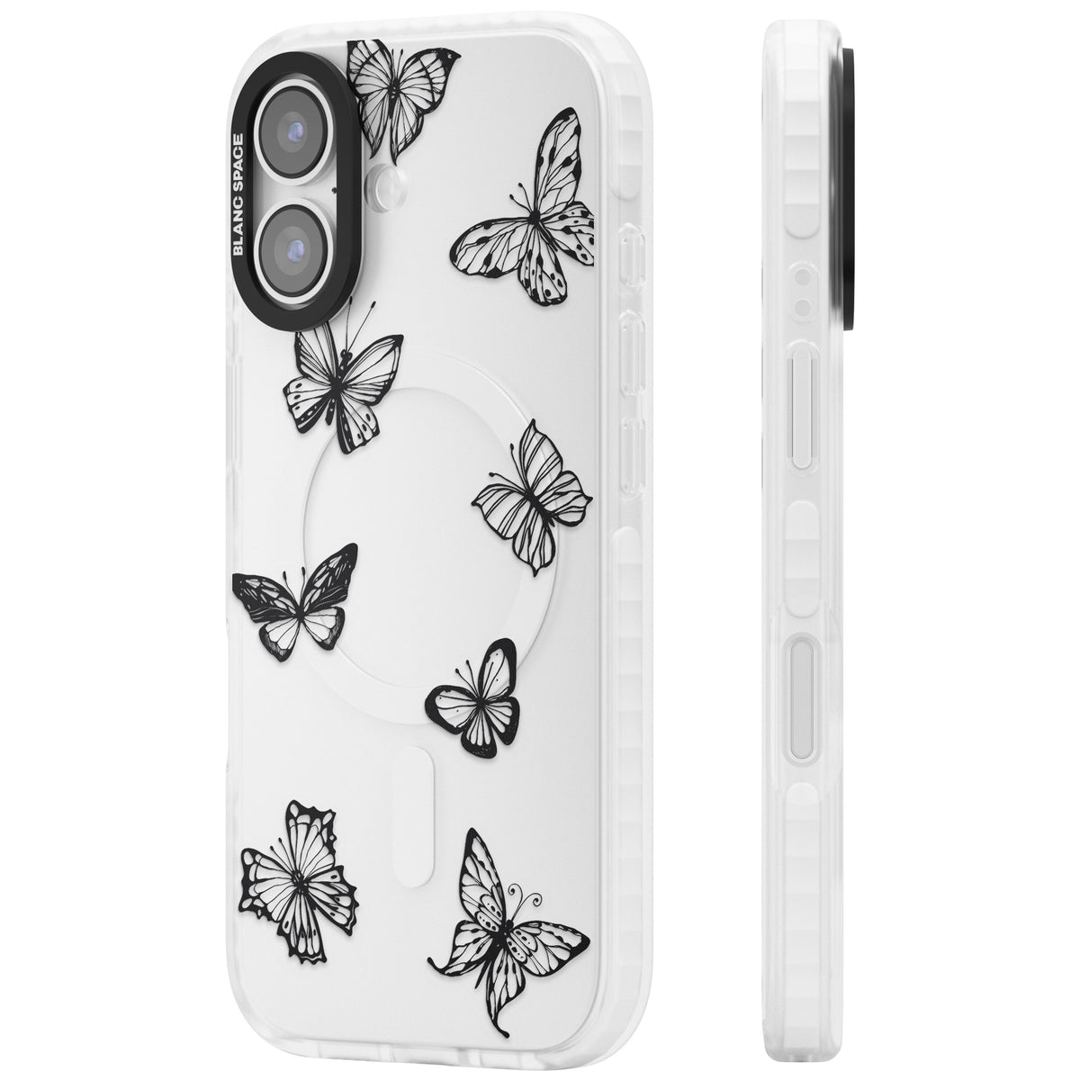 Grey Butterfly Line Pattern iPhone 16 / iPhone 16 Plus / iPhone 17 Impact Clear Phone Case side
