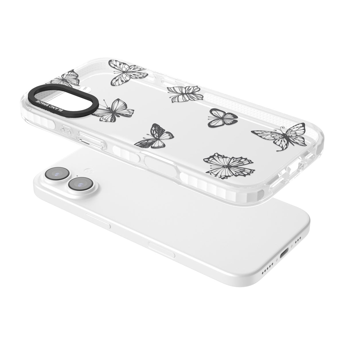 Grey Butterfly Line Pattern iPhone 16 / iPhone 16 Plus / iPhone 17 Impact Clear Phone Case angled