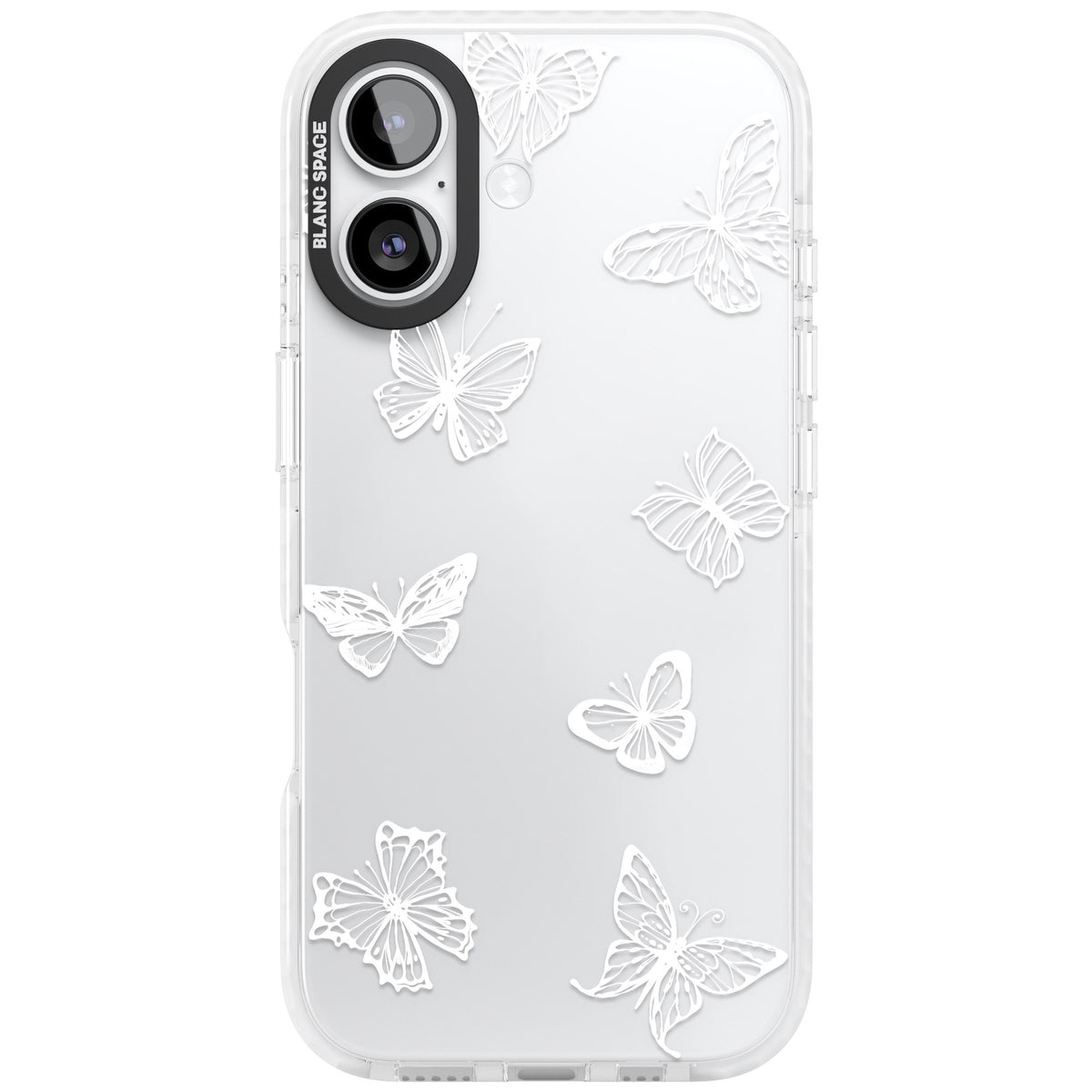 White Butterfly Line Pattern iPhone 16 / iPhone 16 Plus / iPhone 17 Impact Clear Phone Case front