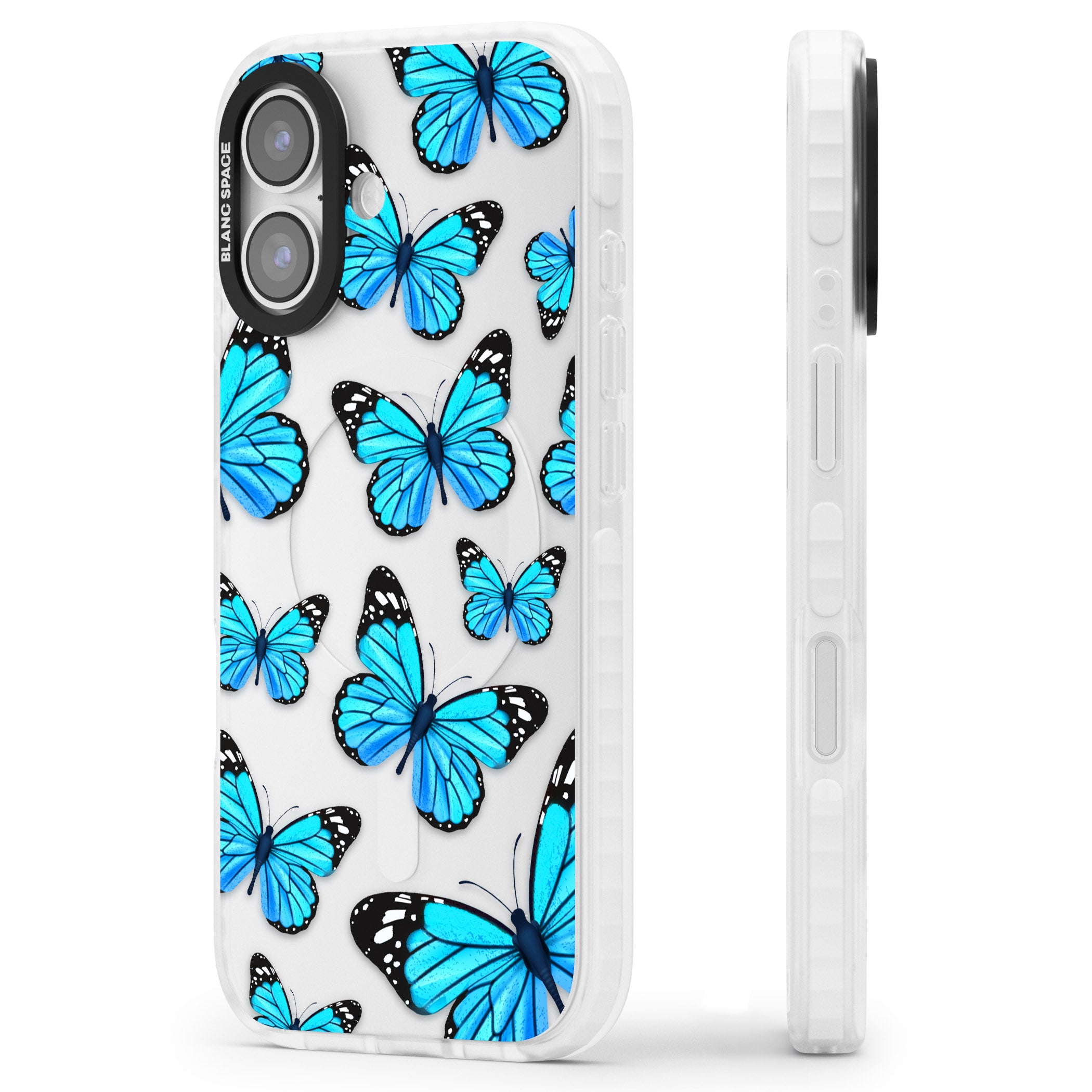 Blue Butterflies iPhone 17 Impact Clear Phone Case Side Profile