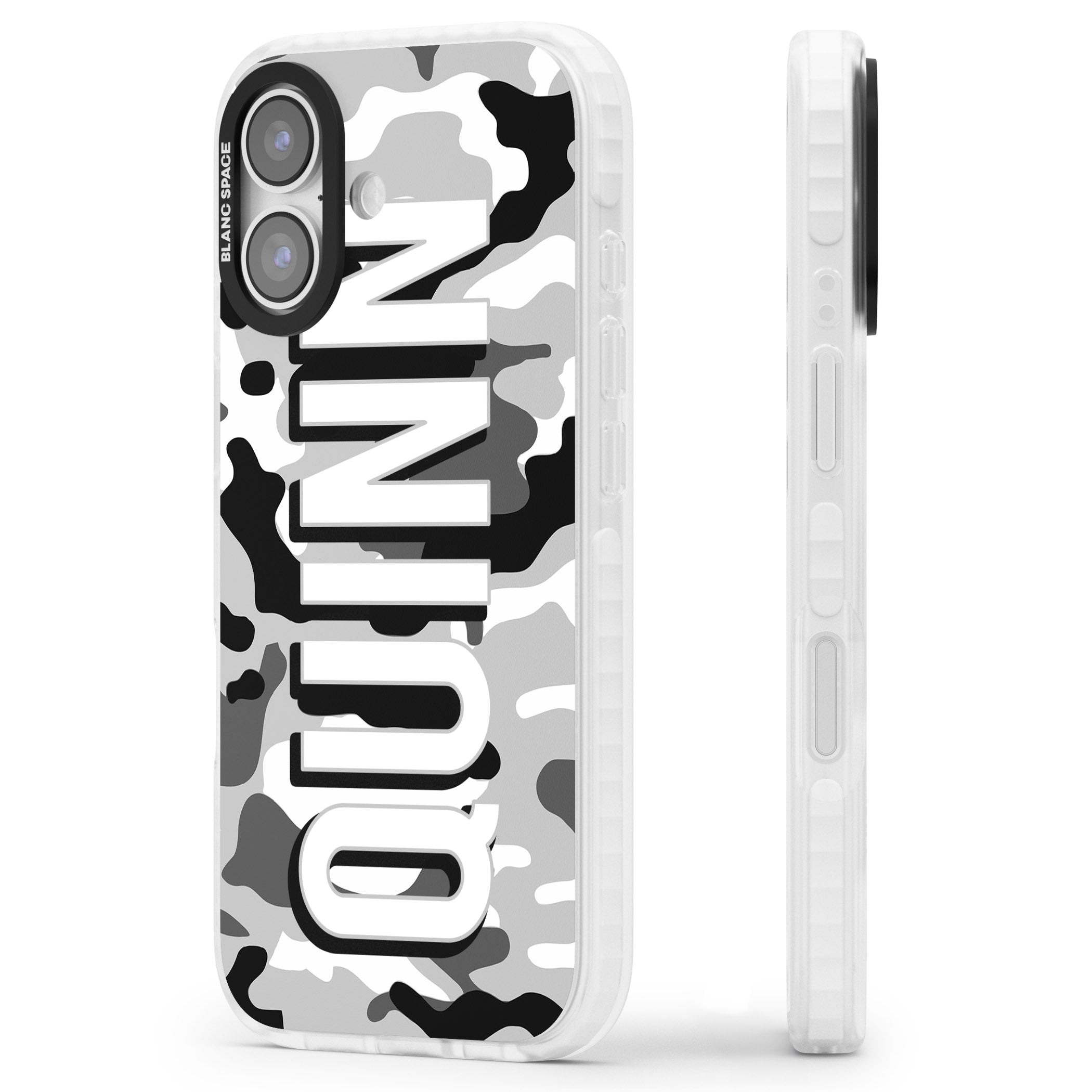 Personalised Greyscale Camo iPhone 17 Impact Clear Phone Case Side Profile