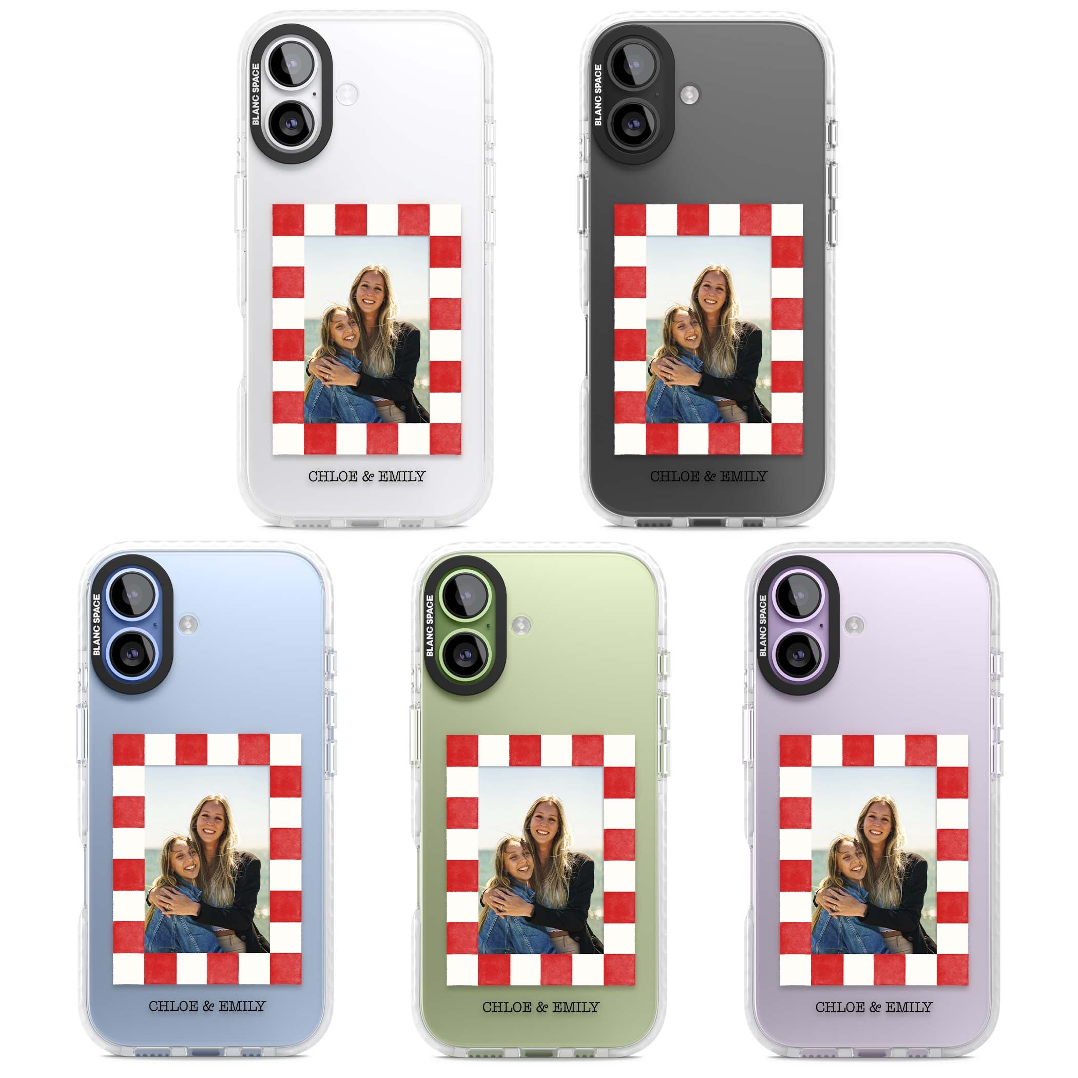 Red Check Photo personalised photo iPhone case with red and white checkered polaroid frame and custom couple name | Black Impact case for iPhone 17