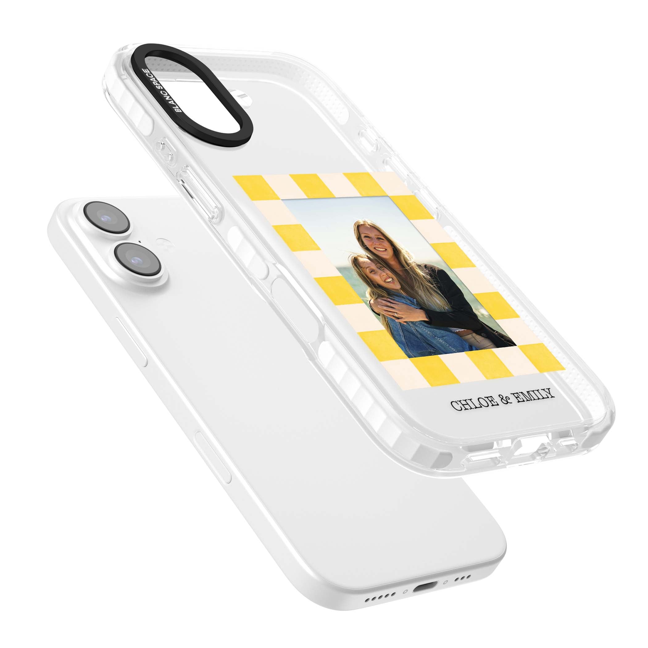 Yellow Check Photo personalised iPhone case with yellow checkered Polaroid frame and custom names beneath | Black Impact case for iPhone 17